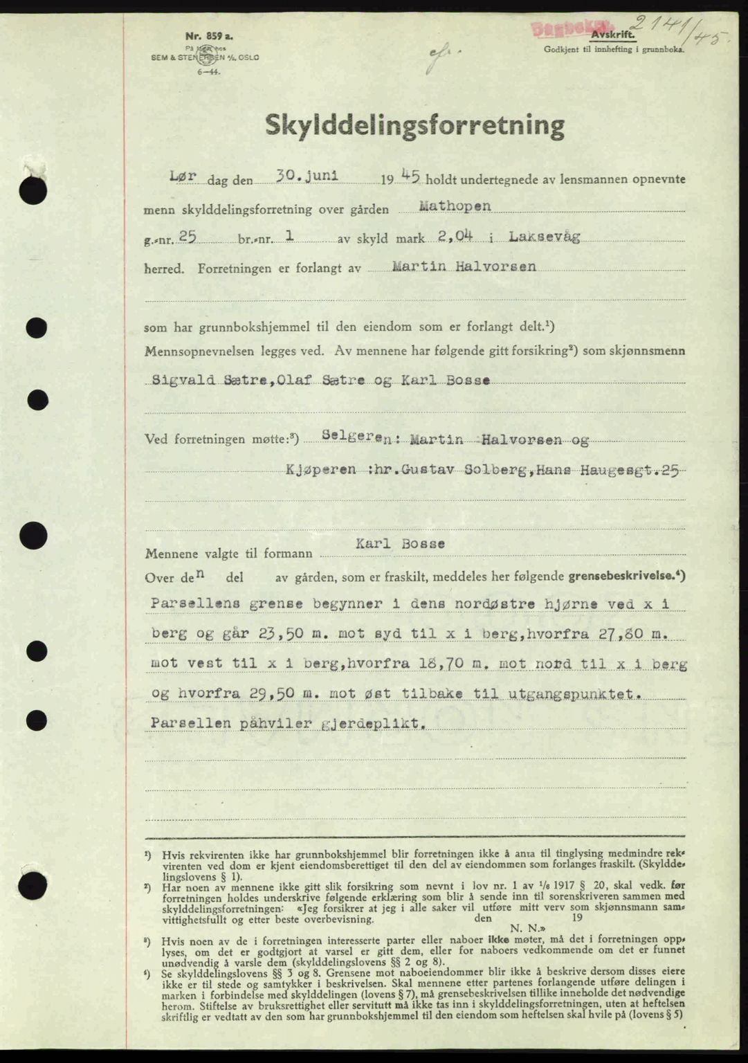Midhordland sorenskriveri, SAB/A-3001/1/G/Gb/Gbk/L0008: Pantebok nr. A36-41, 1944-1945, Dagboknr: 2141/1945