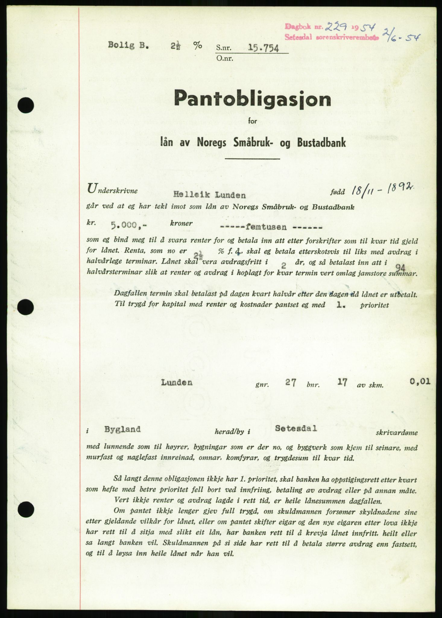 Setesdal sorenskriveri, SAK/1221-0011/G/Gb/L0052: Pantebok nr. B 40, 1954-1955, Dagboknr: 229/1954