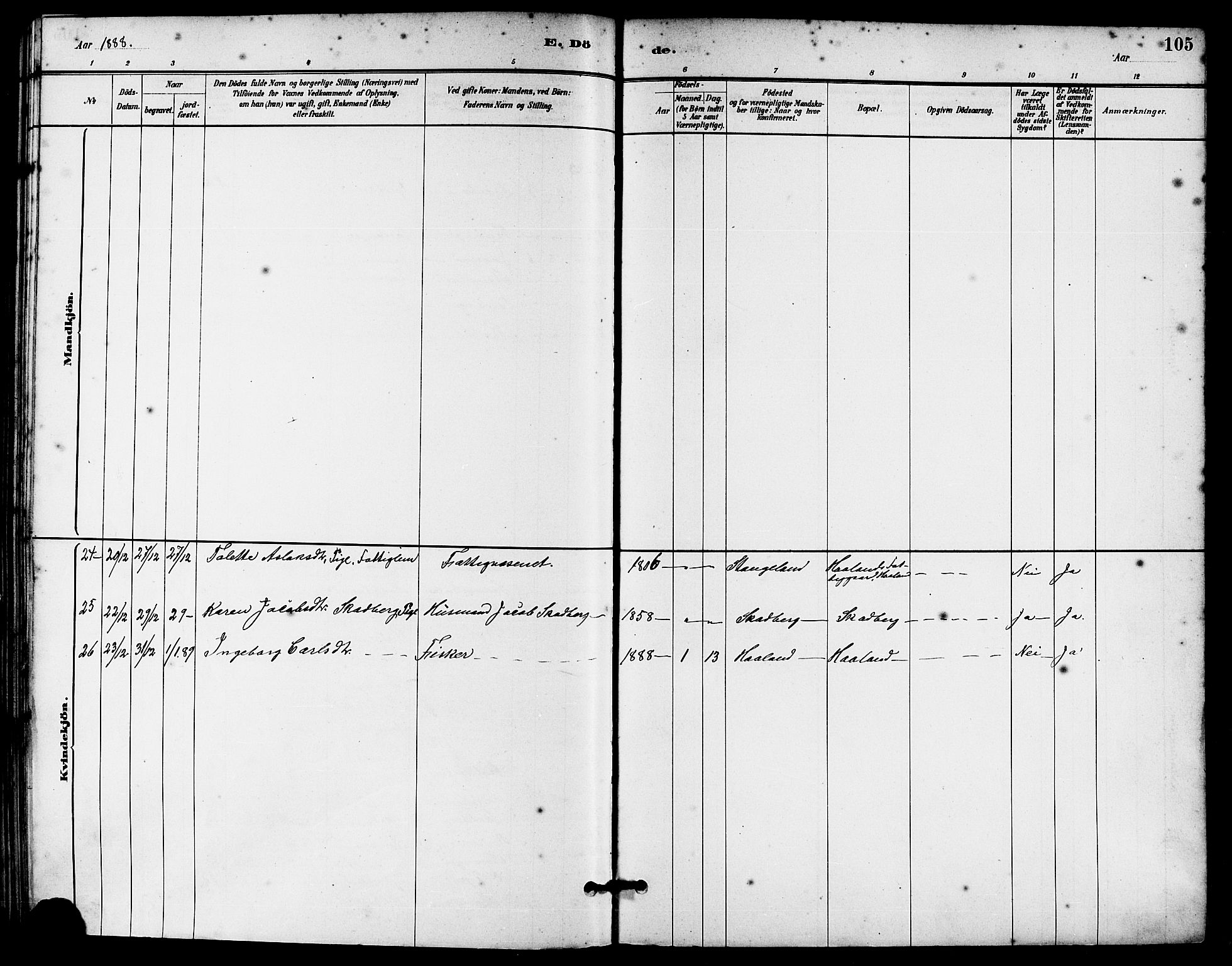 Håland sokneprestkontor, AV/SAST-A-101802/001/30BA/L0010: Ministerialbok nr. A 9, 1883-1888, s. 105