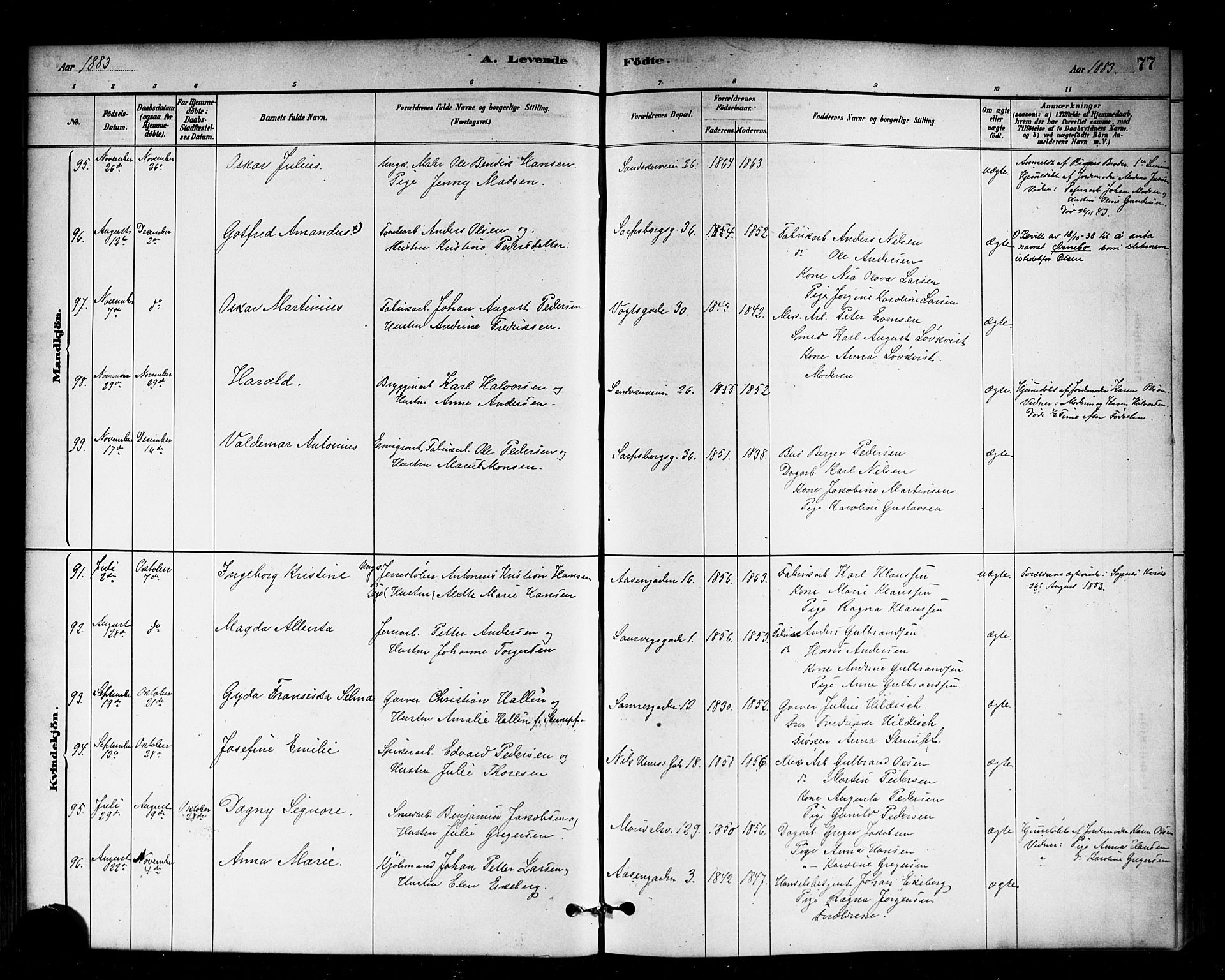 Sagene prestekontor Kirkebøker, AV/SAO-A-10796/G/L0001: Klokkerbok nr. 1, 1880-1891, s. 77