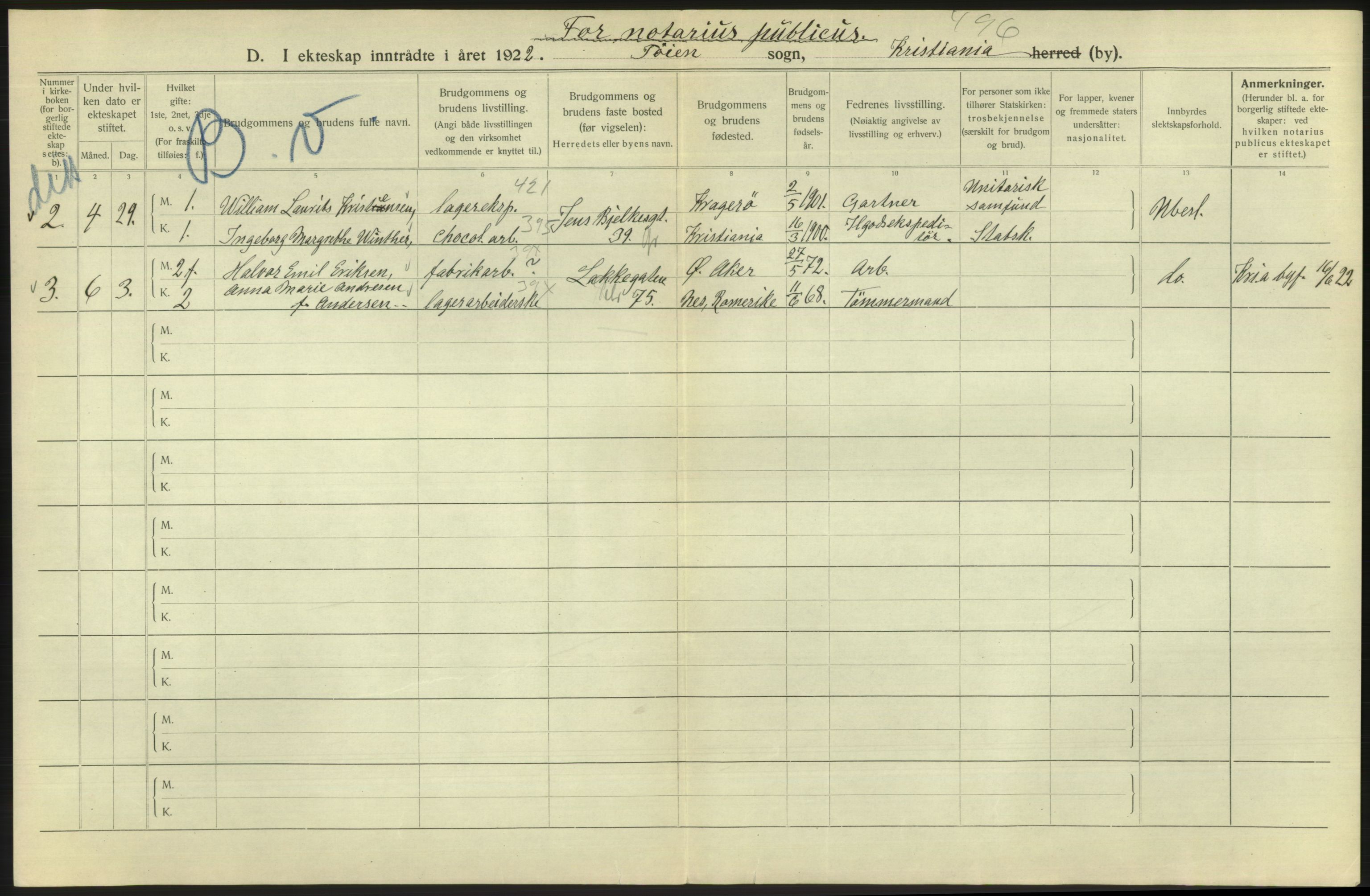 Statistisk sentralbyrå, Sosiodemografiske emner, Befolkning, RA/S-2228/D/Df/Dfc/Dfcb/L0008: Kristiania: Gifte, 1922, s. 222