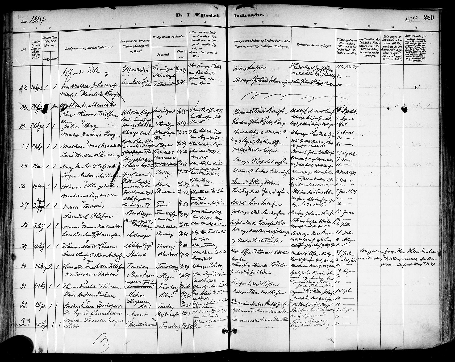 Tønsberg kirkebøker, AV/SAKO-A-330/F/Fa/L0011: Ministerialbok nr. I 11, 1881-1890, s. 289