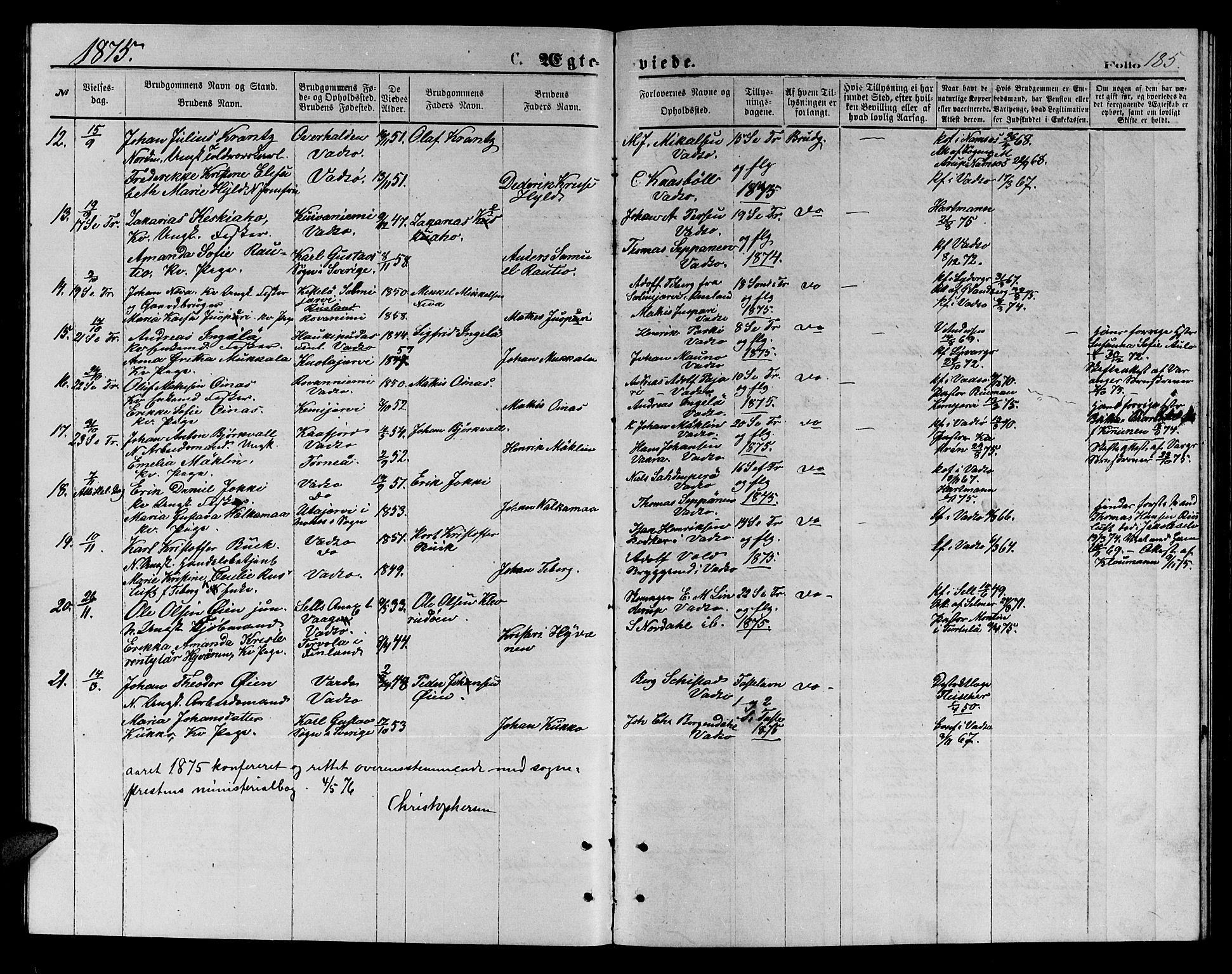 Vadsø sokneprestkontor, AV/SATØ-S-1325/H/Hb/L0002klokker: Klokkerbok nr. 2, 1875-1884, s. 185
