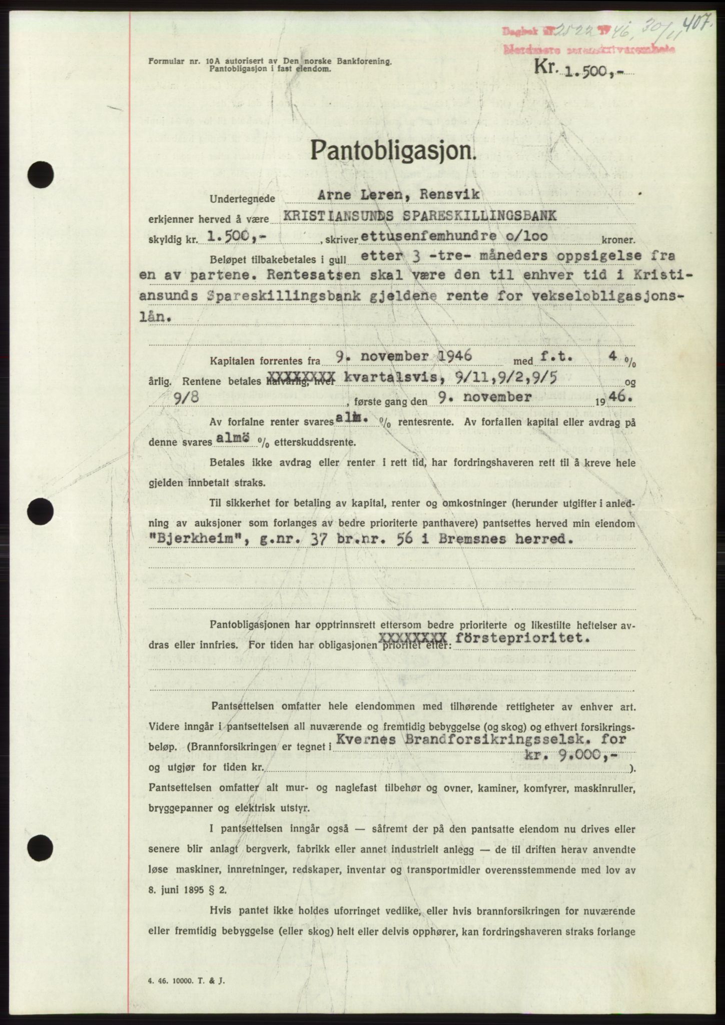 Nordmøre sorenskriveri, SAT/A-4132/1/2/2Ca: Pantebok nr. B95, 1946-1947, Dagboknr: 2522/1946