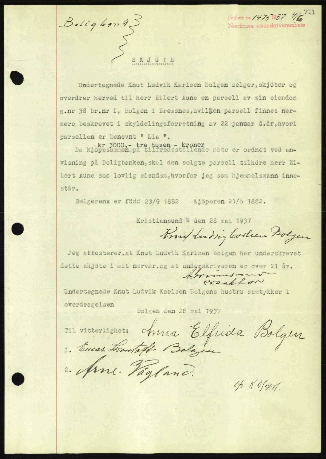 Nordmøre sorenskriveri, SAT/A-4132/1/2/2Ca: Pantebok nr. A81, 1937-1937, Dagboknr: 1475/1937