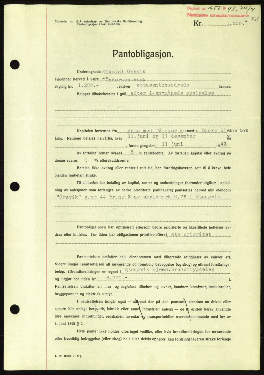 Nordmøre sorenskriveri, SAT/A-4132/1/2/2Ca: Pantebok nr. B90, 1942-1943, Dagboknr: 1655/1943