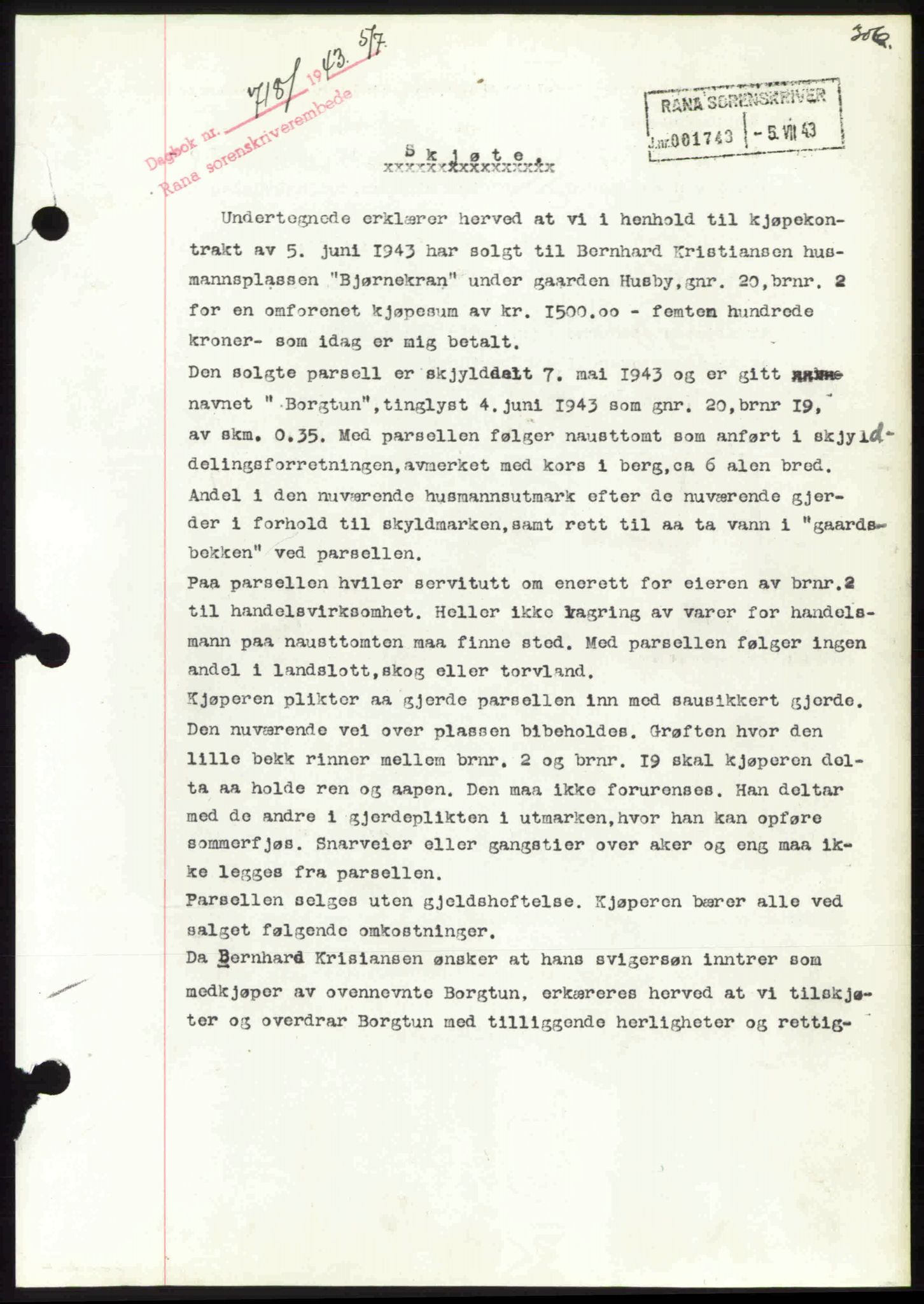 Rana sorenskriveri , SAT/A-1108/1/2/2C: Pantebok nr. A 10, 1942-1943, Dagboknr: 718/1943