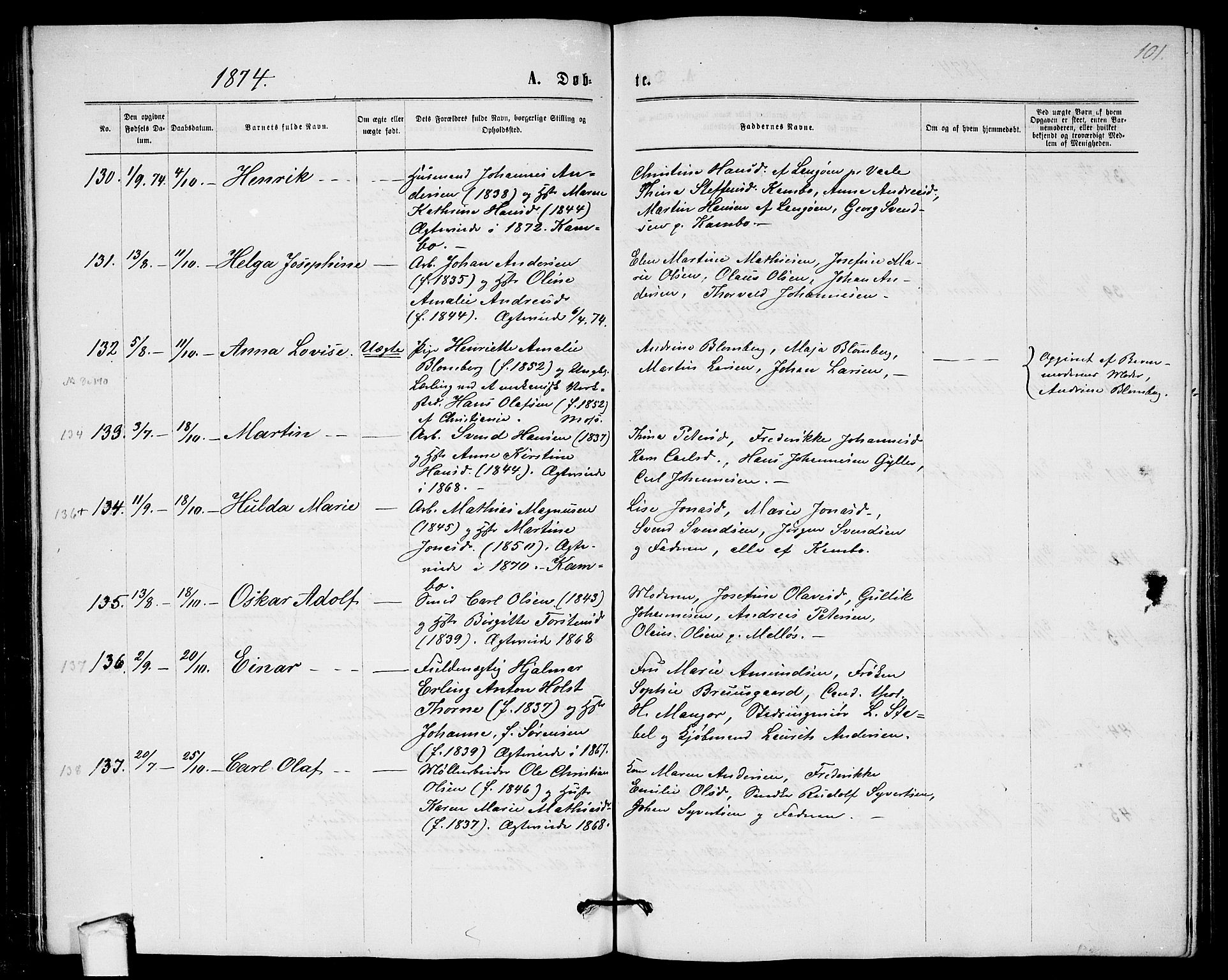 Moss prestekontor Kirkebøker, AV/SAO-A-2003/G/Ga/L0004: Klokkerbok nr.  I 4, 1869-1877, s. 101