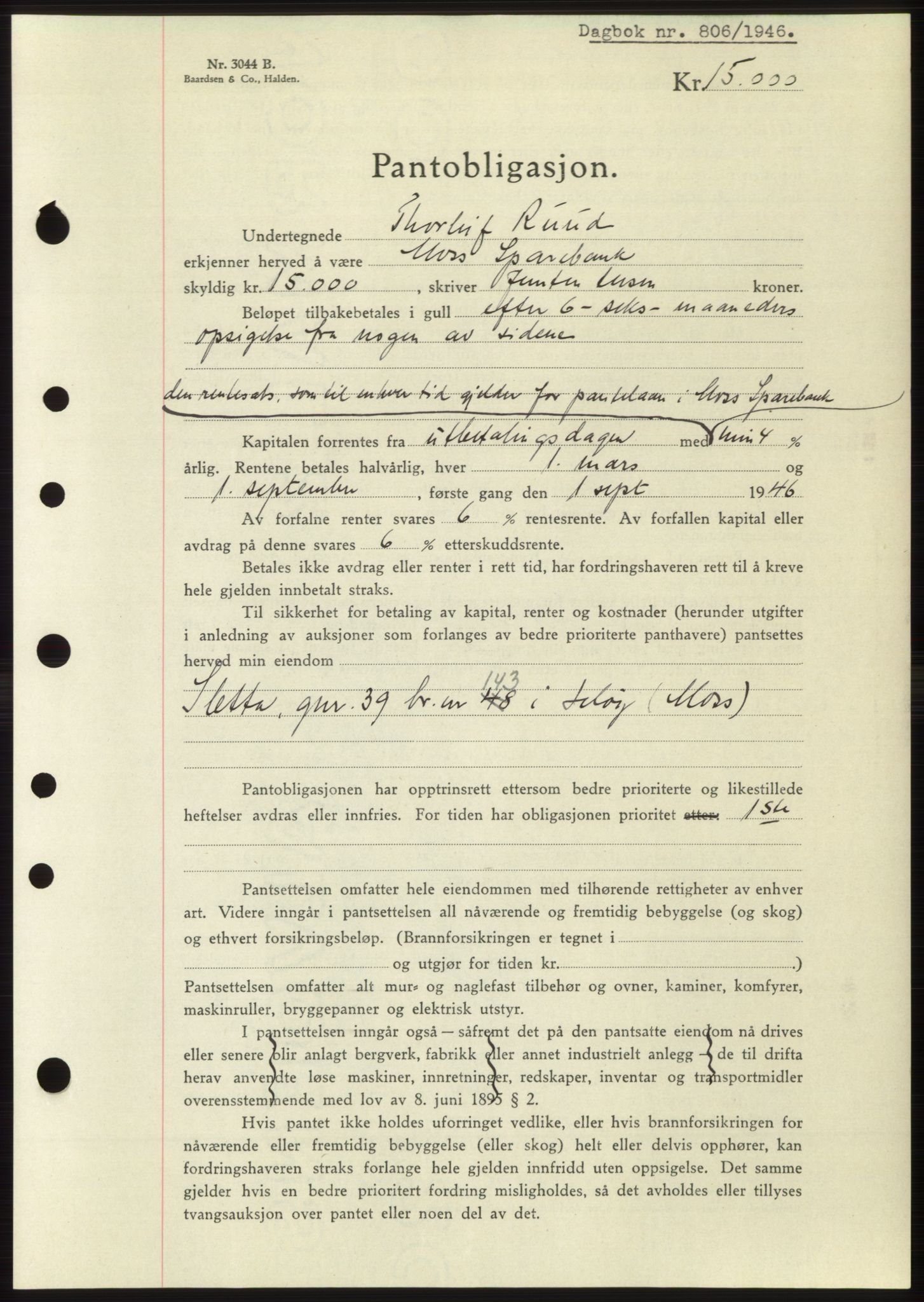 Moss sorenskriveri, SAO/A-10168: Pantebok nr. B15, 1946-1946, Dagboknr: 806/1946