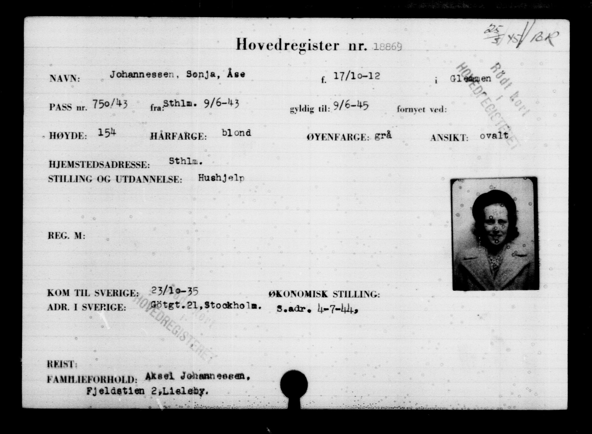 Utenriksstasjonene, Legasjonen i Stockholm, Flyktningkontoret, AV/RA-S-6753/V/Va/L0009: Kjesäterkartoteket, flyktninger med registreringsnr. 18502-22048, 1940-1945, s. 438