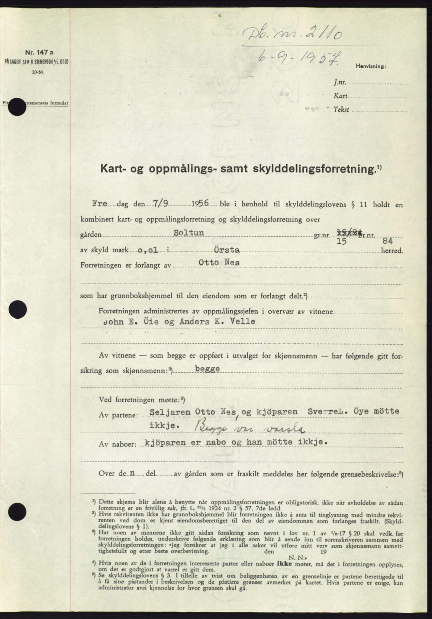 Søre Sunnmøre sorenskriveri, SAT/A-4122/1/2/2C/L0107: Pantebok nr. 33A, 1957-1957, Dagboknr: 2110/1957