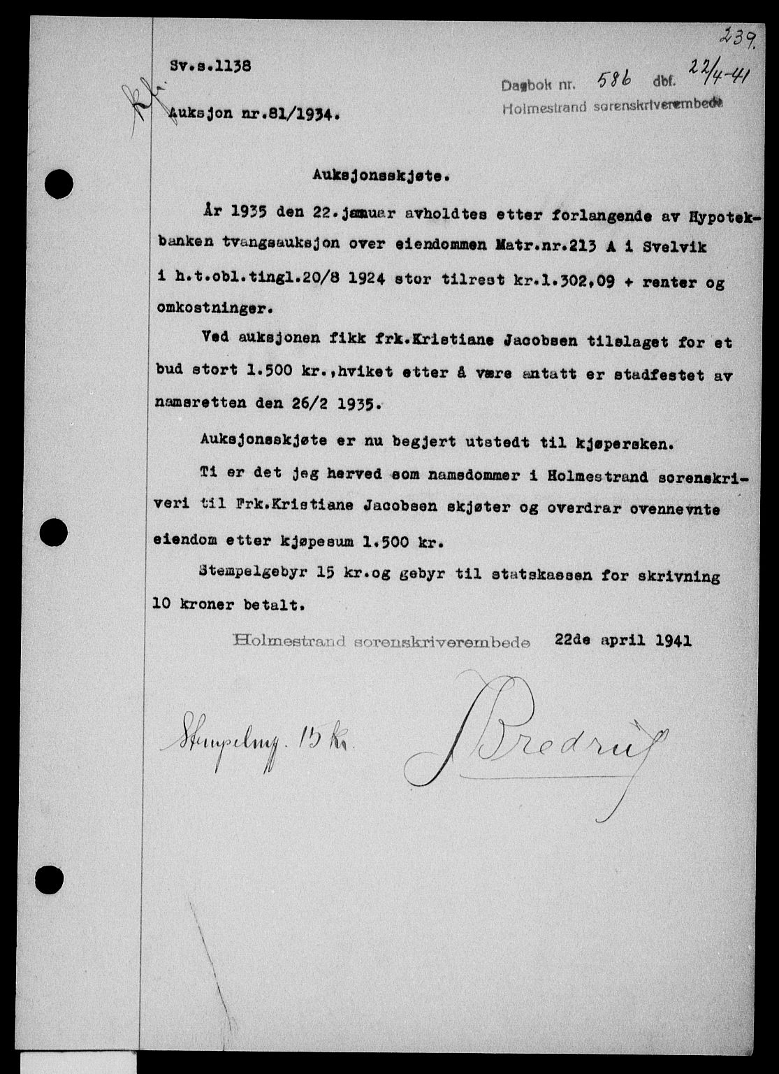Holmestrand sorenskriveri, SAKO/A-67/G/Ga/Gaa/L0053: Pantebok nr. A-53, 1941-1941, Dagboknr: 586/1941