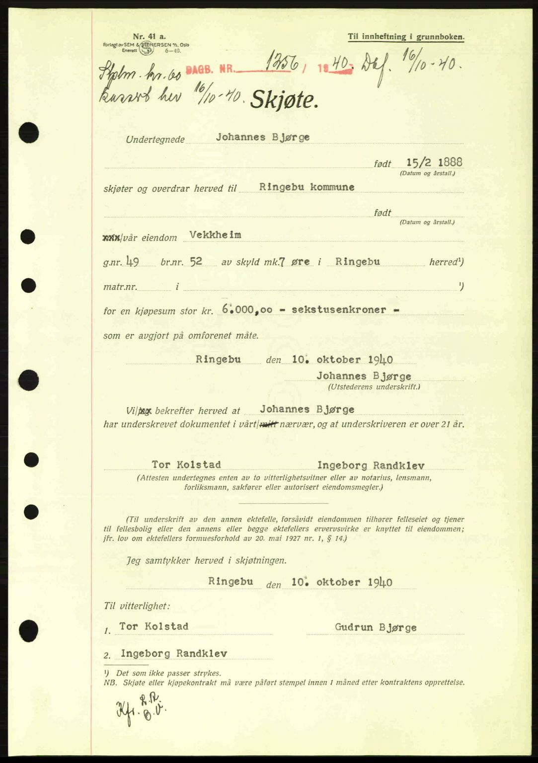 Sør-Gudbrandsdal tingrett, SAH/TING-004/H/Hb/Hbd/L0008: Pantebok nr. A8, 1940-1941, Dagboknr: 1256/1940