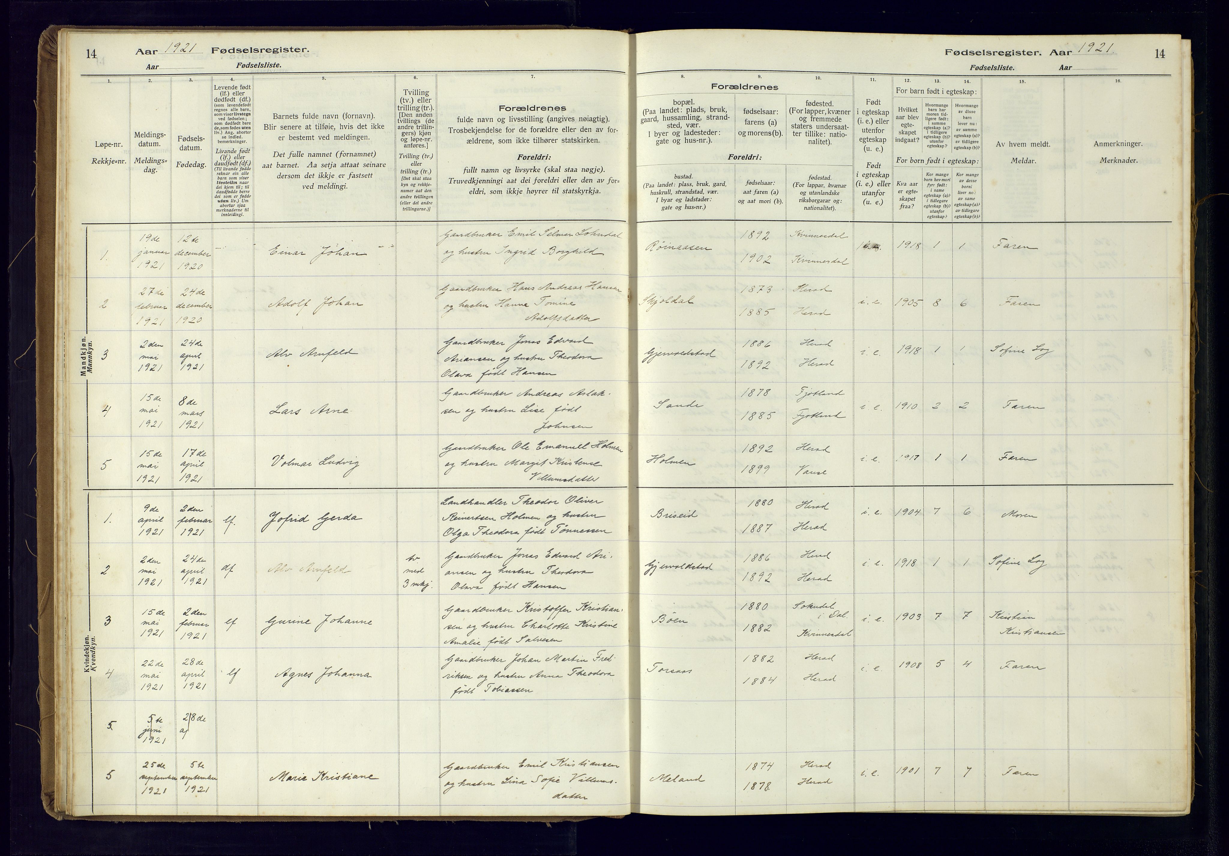 Herad sokneprestkontor, SAK/1111-0018/J/Ja/L0001: Fødselsregister nr. A-VI-12, 1916-1981, s. 14