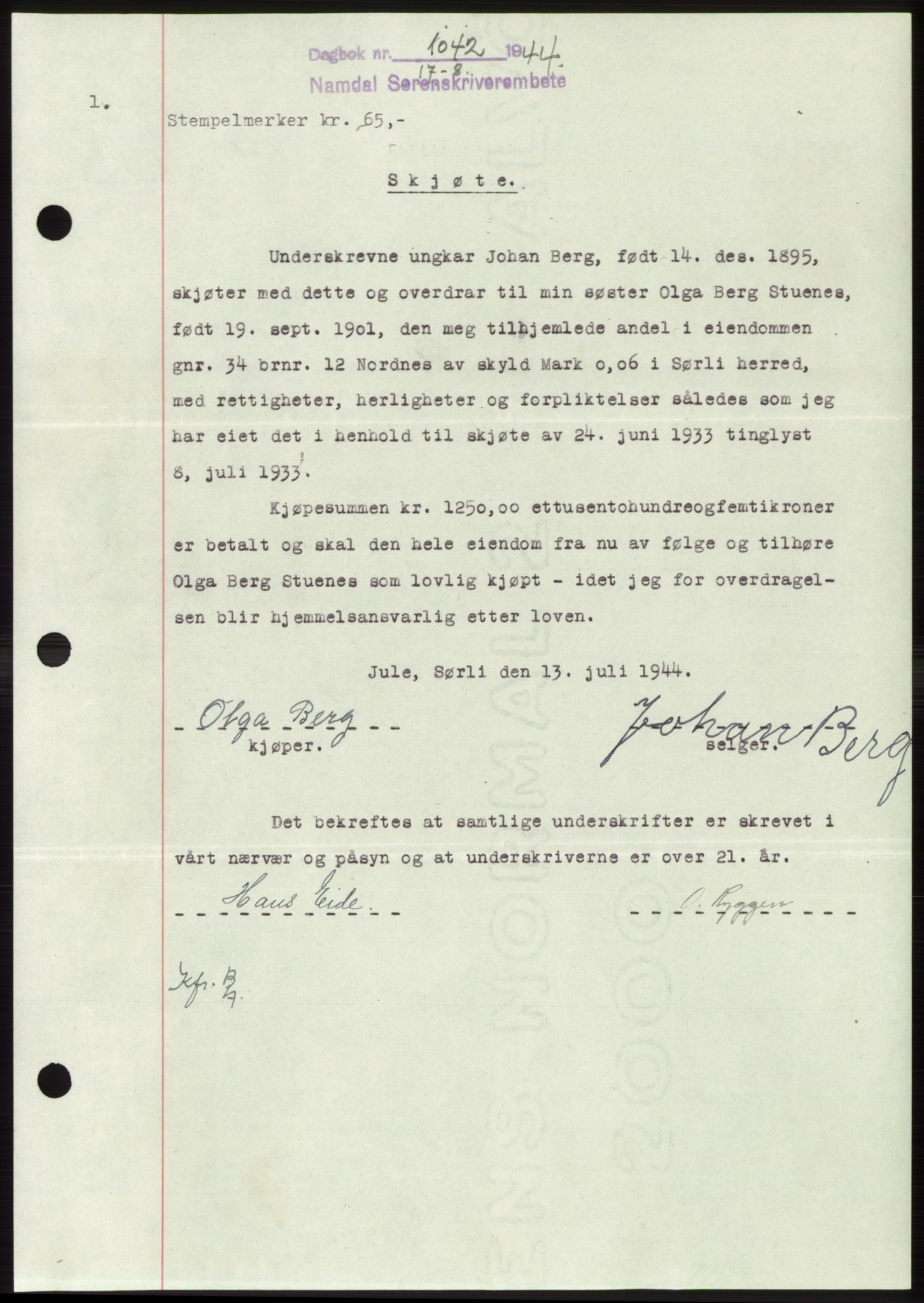 Namdal sorenskriveri, SAT/A-4133/1/2/2C: Pantebok nr. -, 1944-1945, Dagboknr: 1042/1944