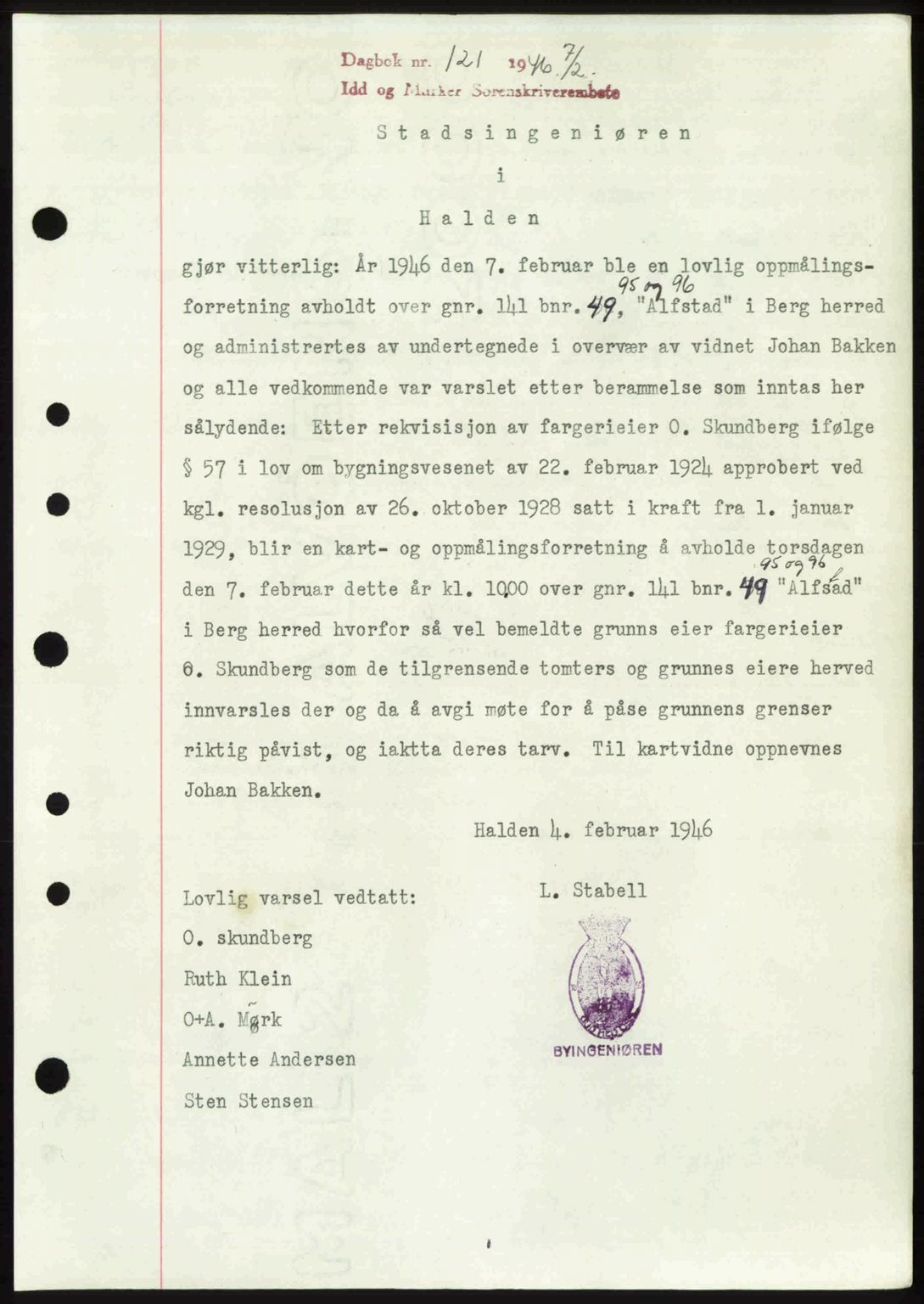 Idd og Marker sorenskriveri, SAO/A-10283/G/Gb/Gbb/L0008: Pantebok nr. A8, 1946-1946, Dagboknr: 121/1946