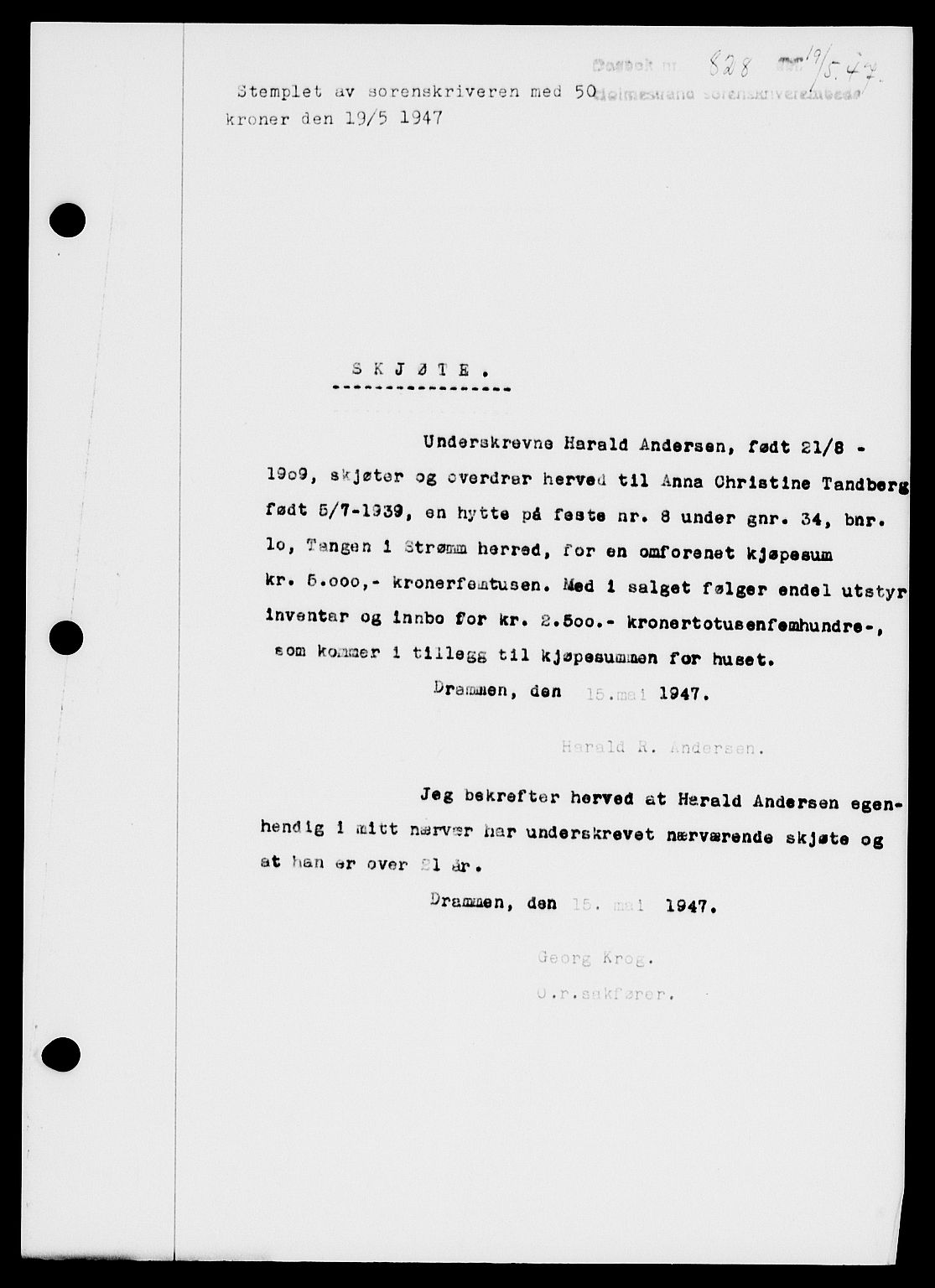 Holmestrand sorenskriveri, SAKO/A-67/G/Ga/Gaa/L0062: Pantebok nr. A-62, 1947-1947, Dagboknr: 828/1947