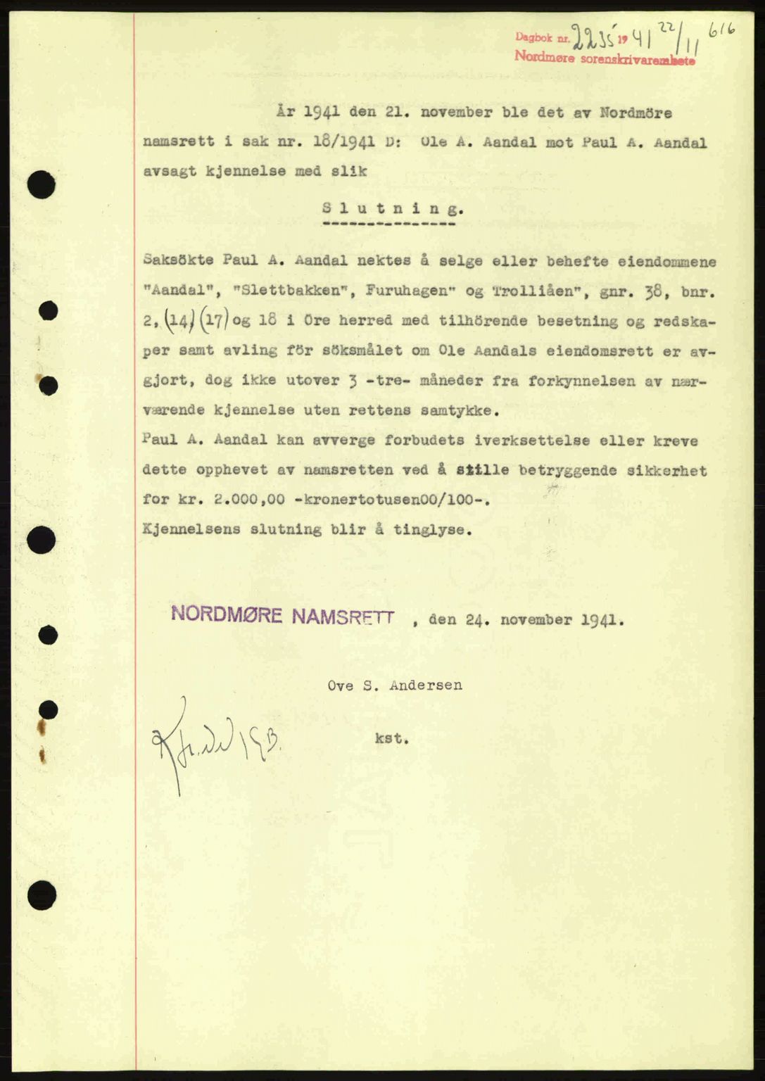 Nordmøre sorenskriveri, SAT/A-4132/1/2/2Ca: Pantebok nr. B88, 1941-1942, Dagboknr: 2235/1941