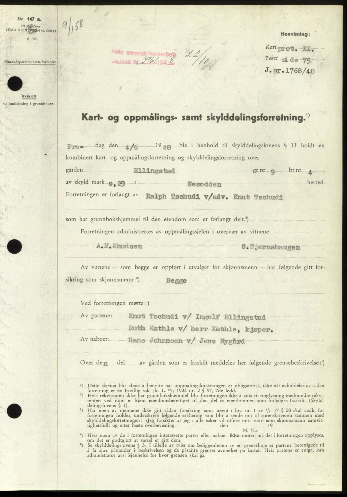 Follo sorenskriveri, SAO/A-10274/G/Ga/Gaa/L0085: Pantebok nr. I 85, 1948-1948, Dagboknr: 3961/1948