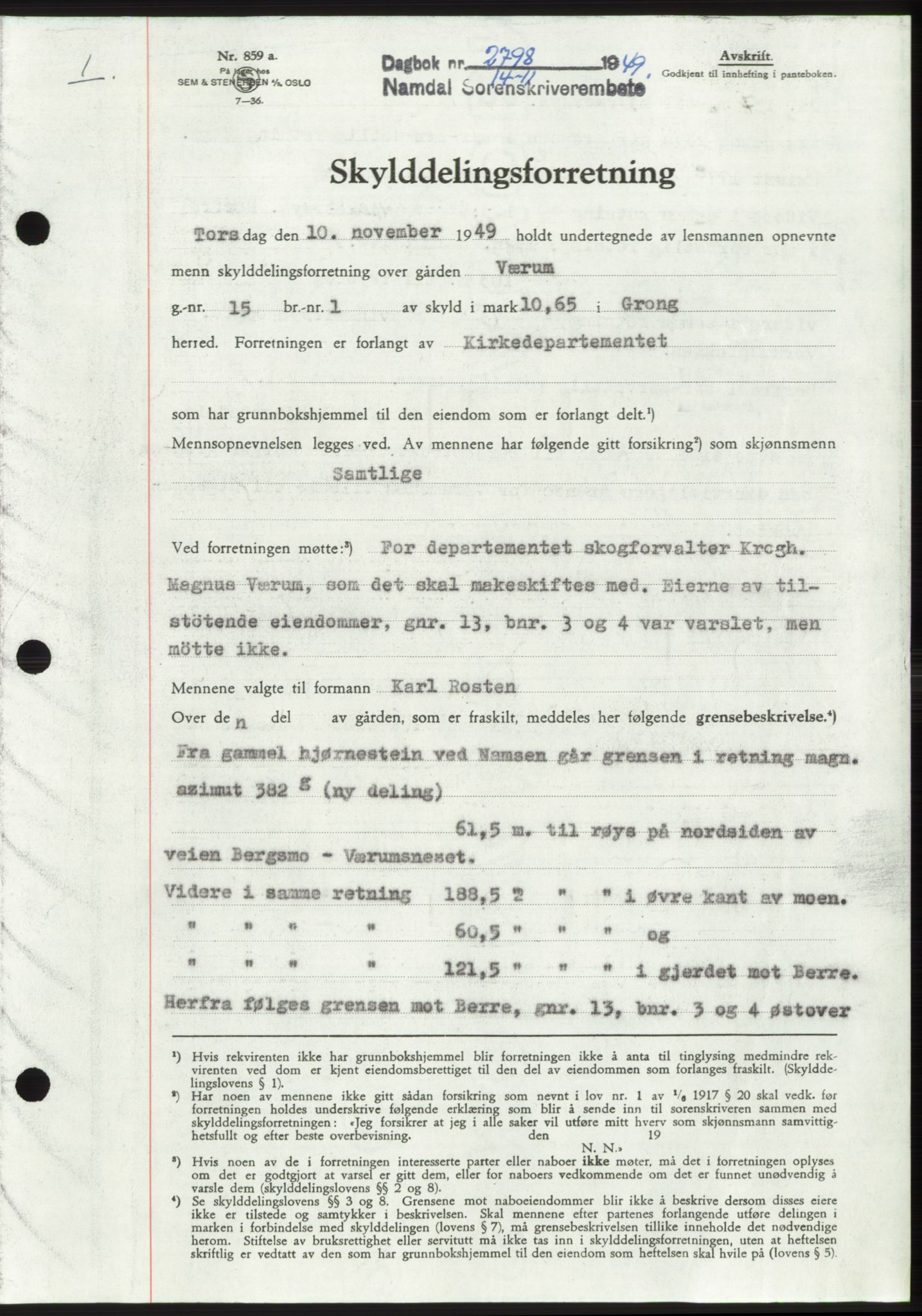 Namdal sorenskriveri, SAT/A-4133/1/2/2C: Pantebok nr. -, 1949-1949, Dagboknr: 2798/1949