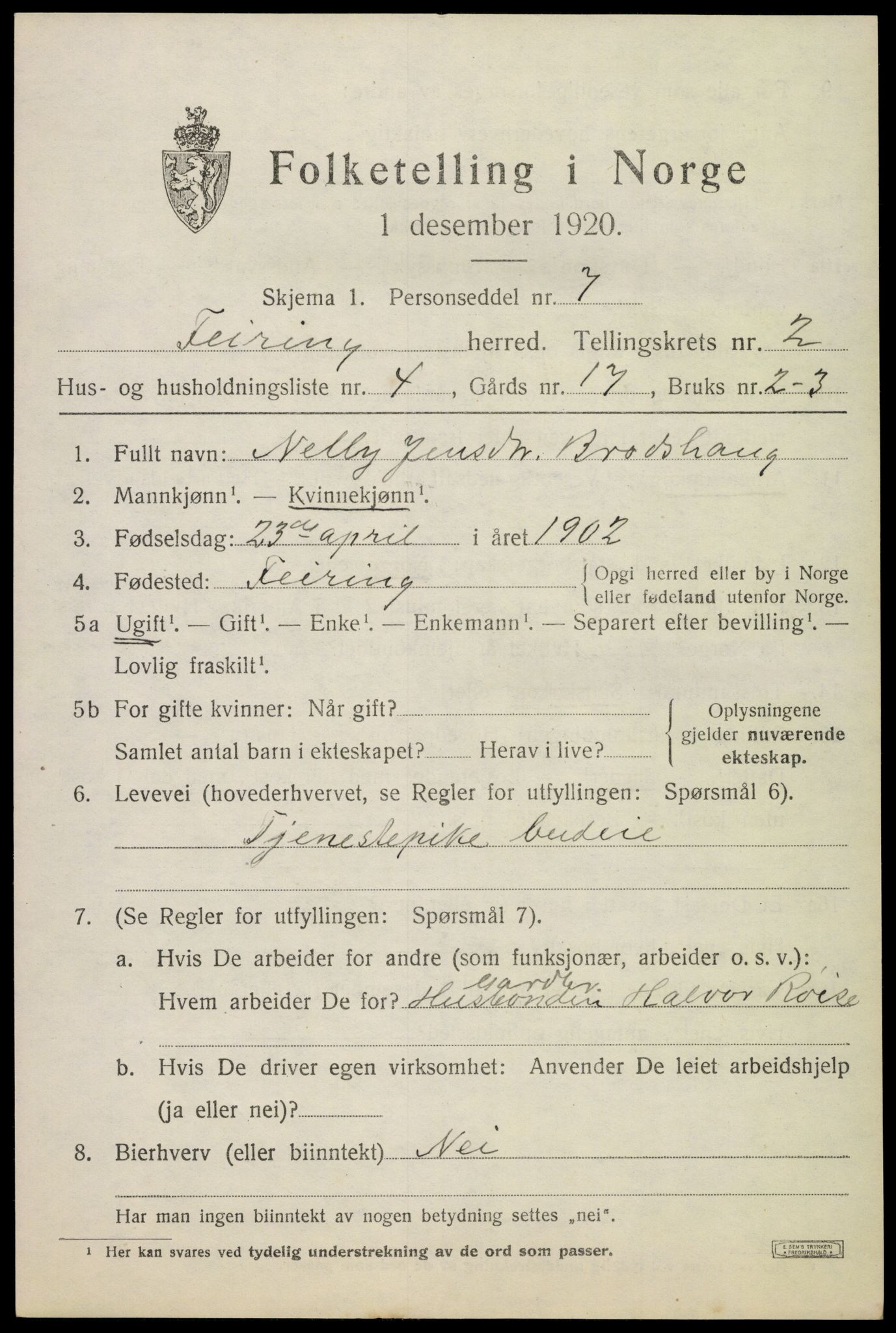 SAO, Folketelling 1920 for 0240 Feiring herred, 1920, s. 800