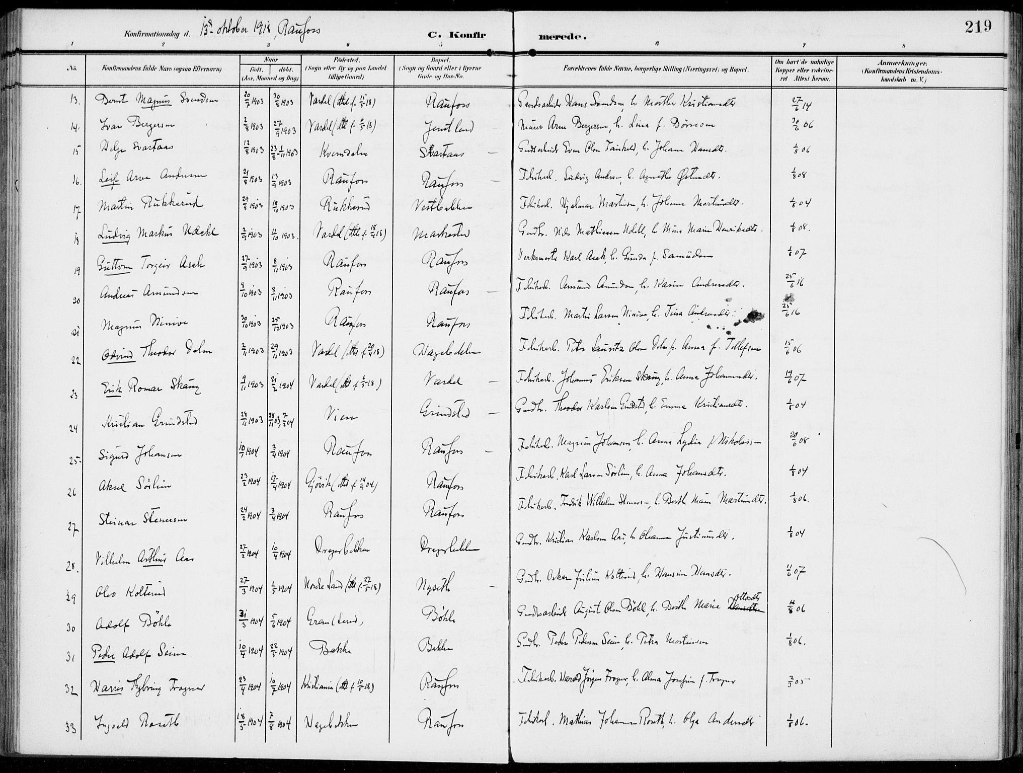 Vestre Toten prestekontor, AV/SAH-PREST-108/H/Ha/Haa/L0014: Ministerialbok nr. 14, 1907-1920, s. 219