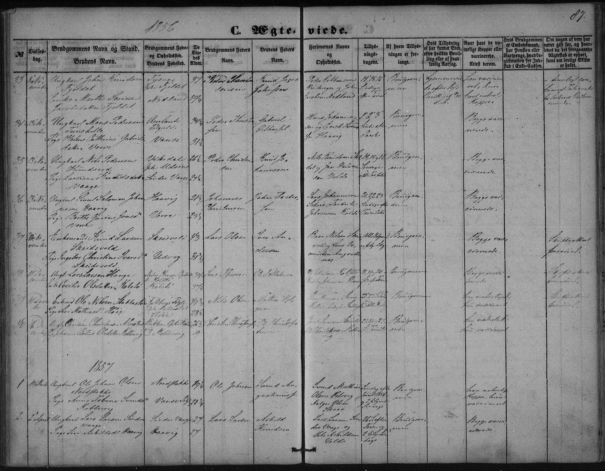 Avaldsnes sokneprestkontor, SAST/A -101851/H/Ha/Haa/L0009: Ministerialbok nr. A 9, 1853-1865, s. 87