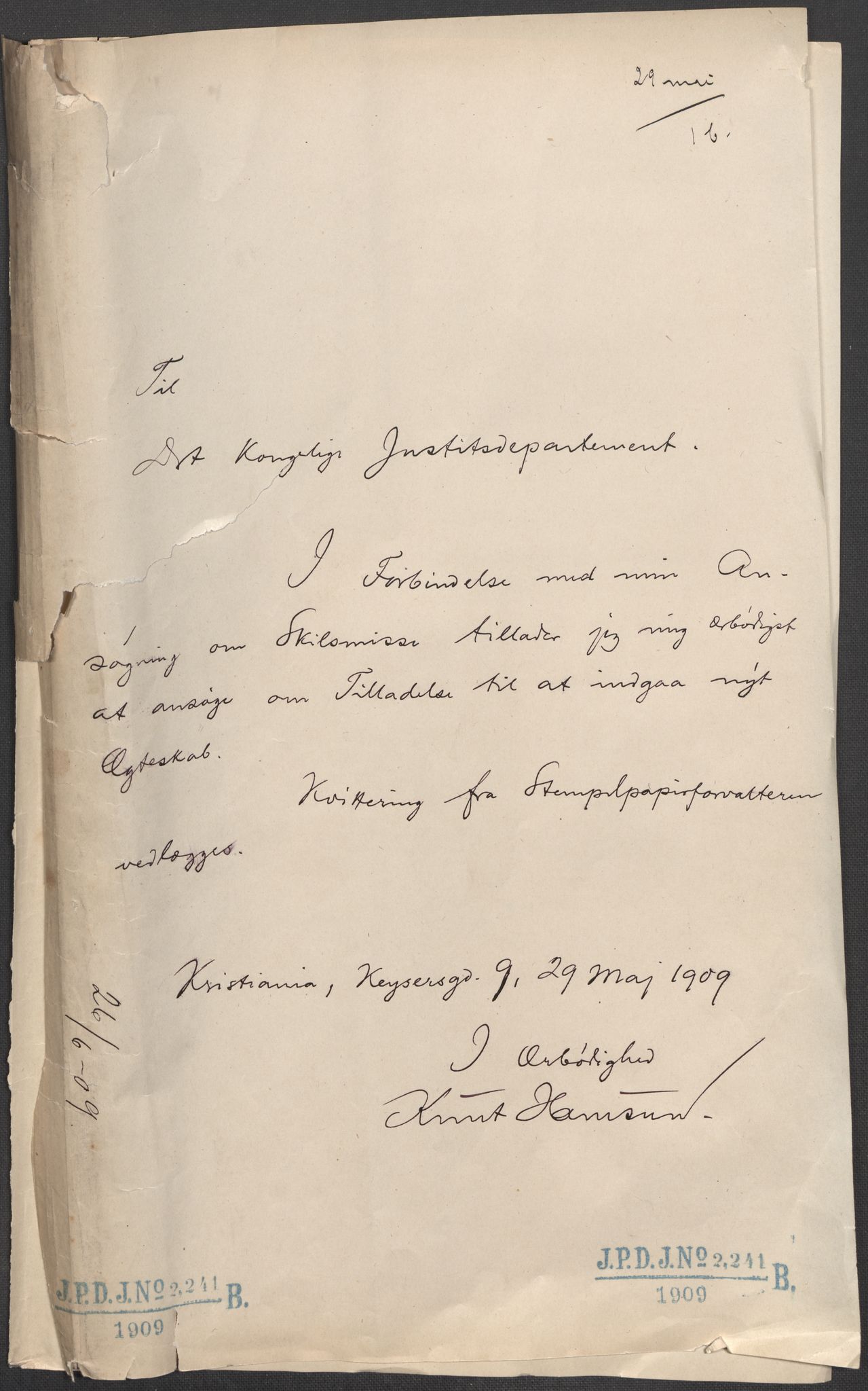Justisdepartementet, 1. sivilkontor B, AV/RA-S-1039/D/L0844: Journalnr. B 2133-2298, 1909, s. 2
