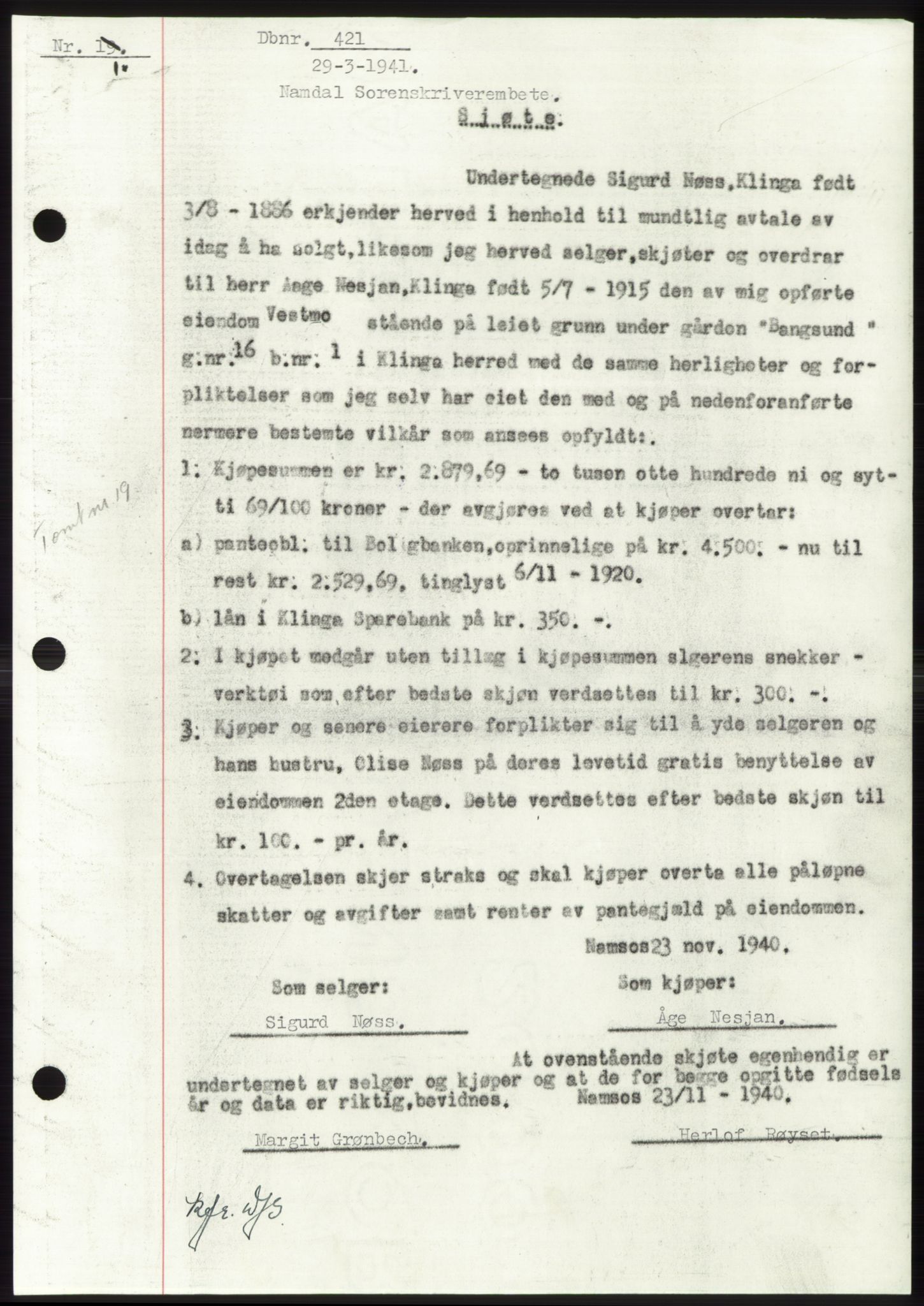 Namdal sorenskriveri, SAT/A-4133/1/2/2C: Pantebok nr. -, 1940-1941, Tingl.dato: 29.03.1941