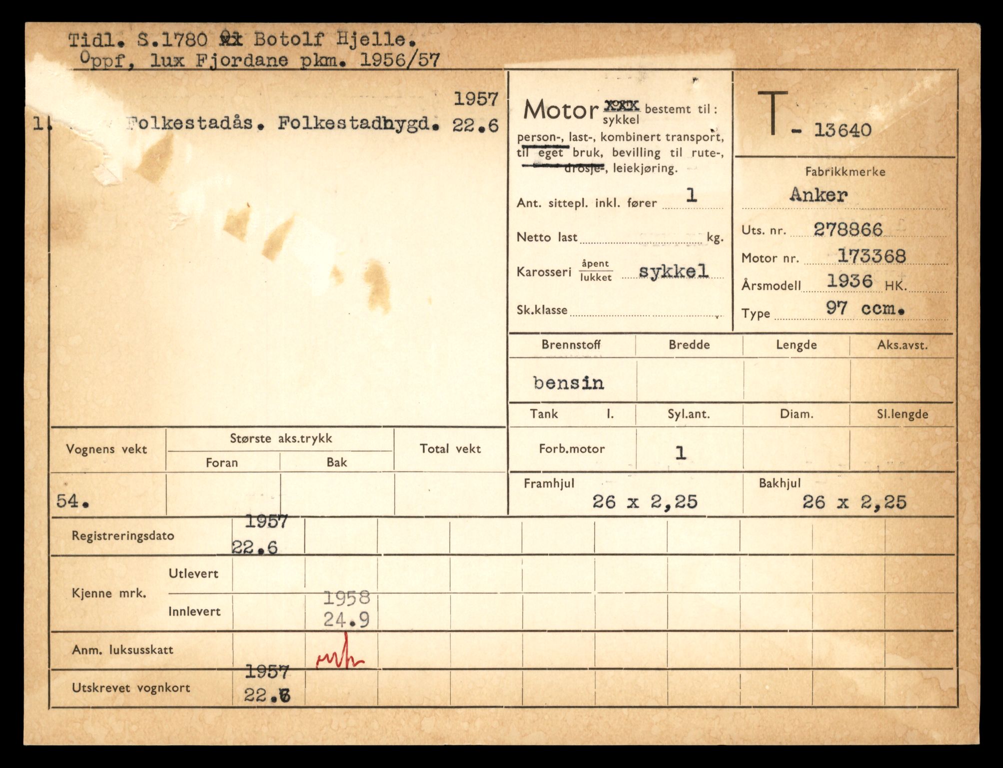 Møre og Romsdal vegkontor - Ålesund trafikkstasjon, AV/SAT-A-4099/F/Fe/L0040: Registreringskort for kjøretøy T 13531 - T 13709, 1927-1998, s. 1913