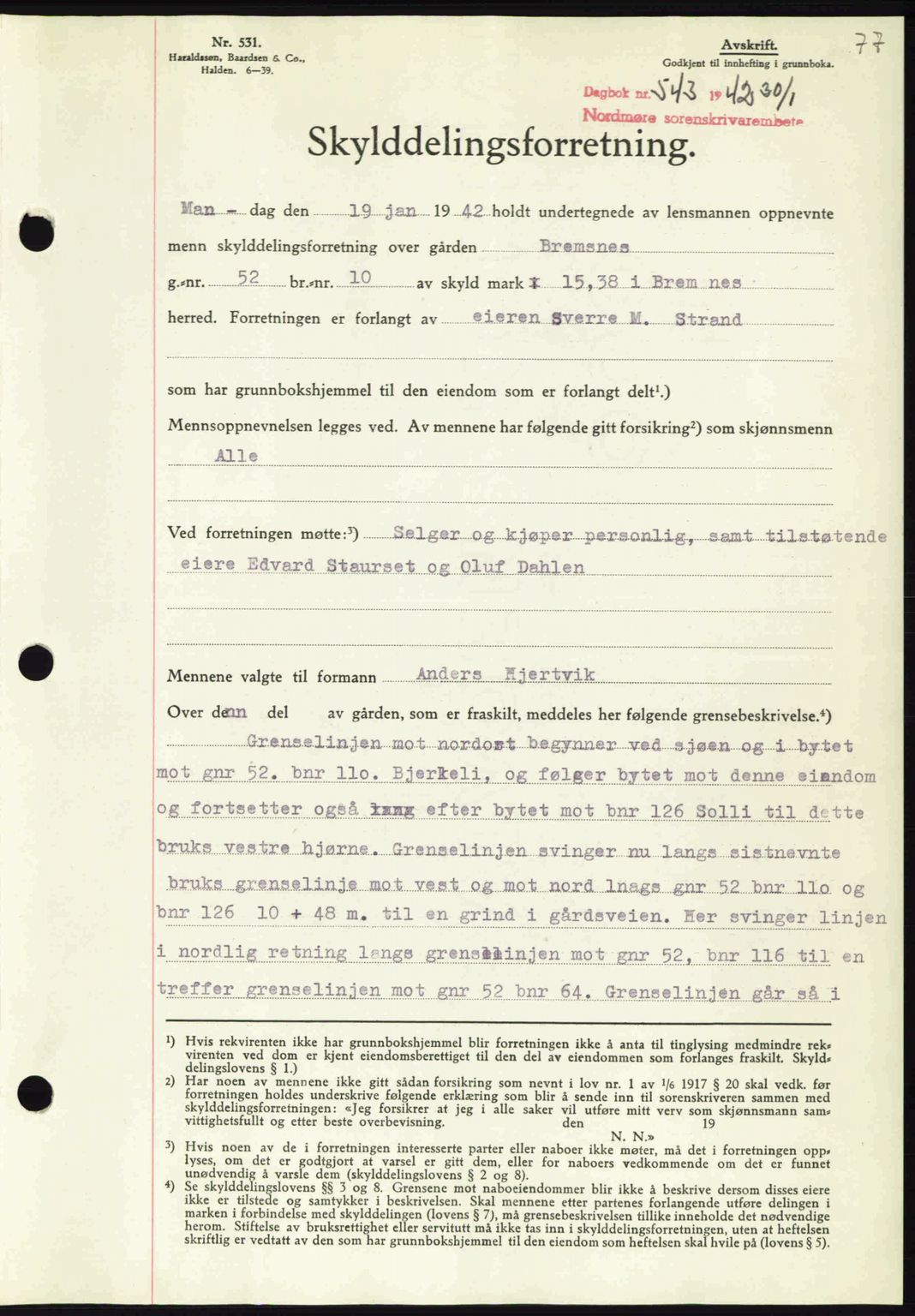 Nordmøre sorenskriveri, SAT/A-4132/1/2/2Ca: Pantebok nr. A92, 1942-1942, Dagboknr: 543/1942