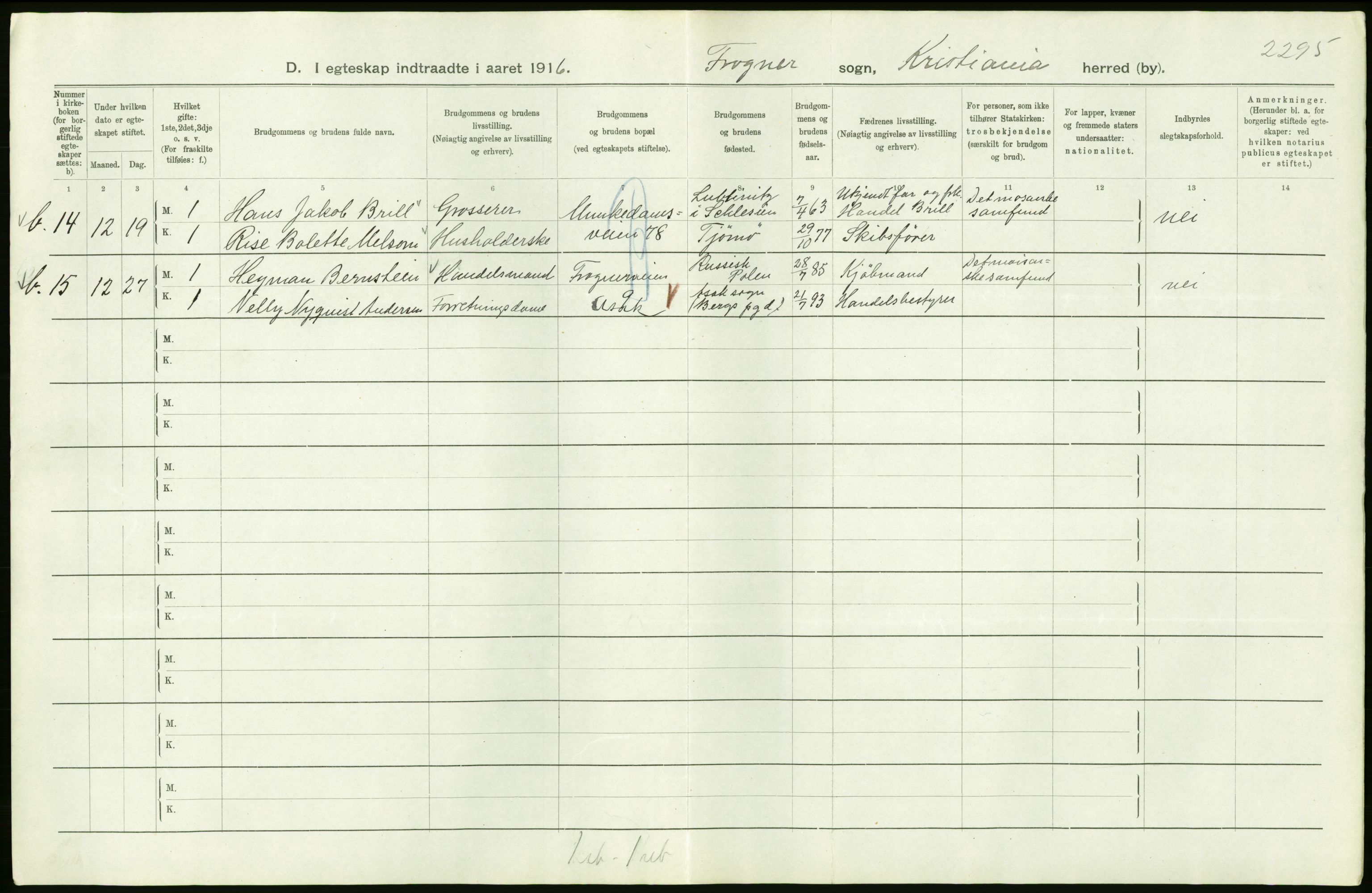 Statistisk sentralbyrå, Sosiodemografiske emner, Befolkning, RA/S-2228/D/Df/Dfb/Dfbf/L0008: Kristiania: Gifte, 1916, s. 278