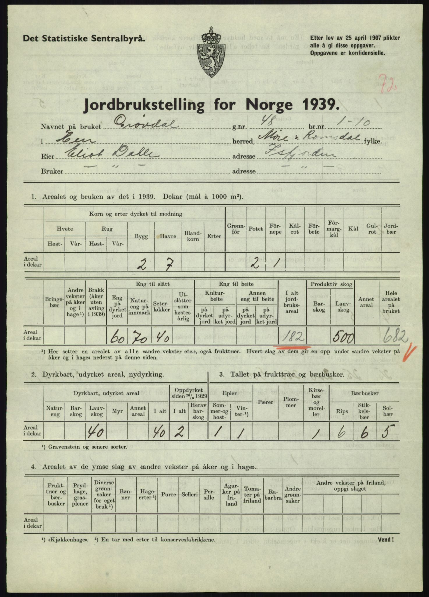 Statistisk sentralbyrå, Næringsøkonomiske emner, Jordbruk, skogbruk, jakt, fiske og fangst, AV/RA-S-2234/G/Gb/L0251: Møre og Romsdal: Voll, Eid, Grytten og Hen, 1939, s. 1437