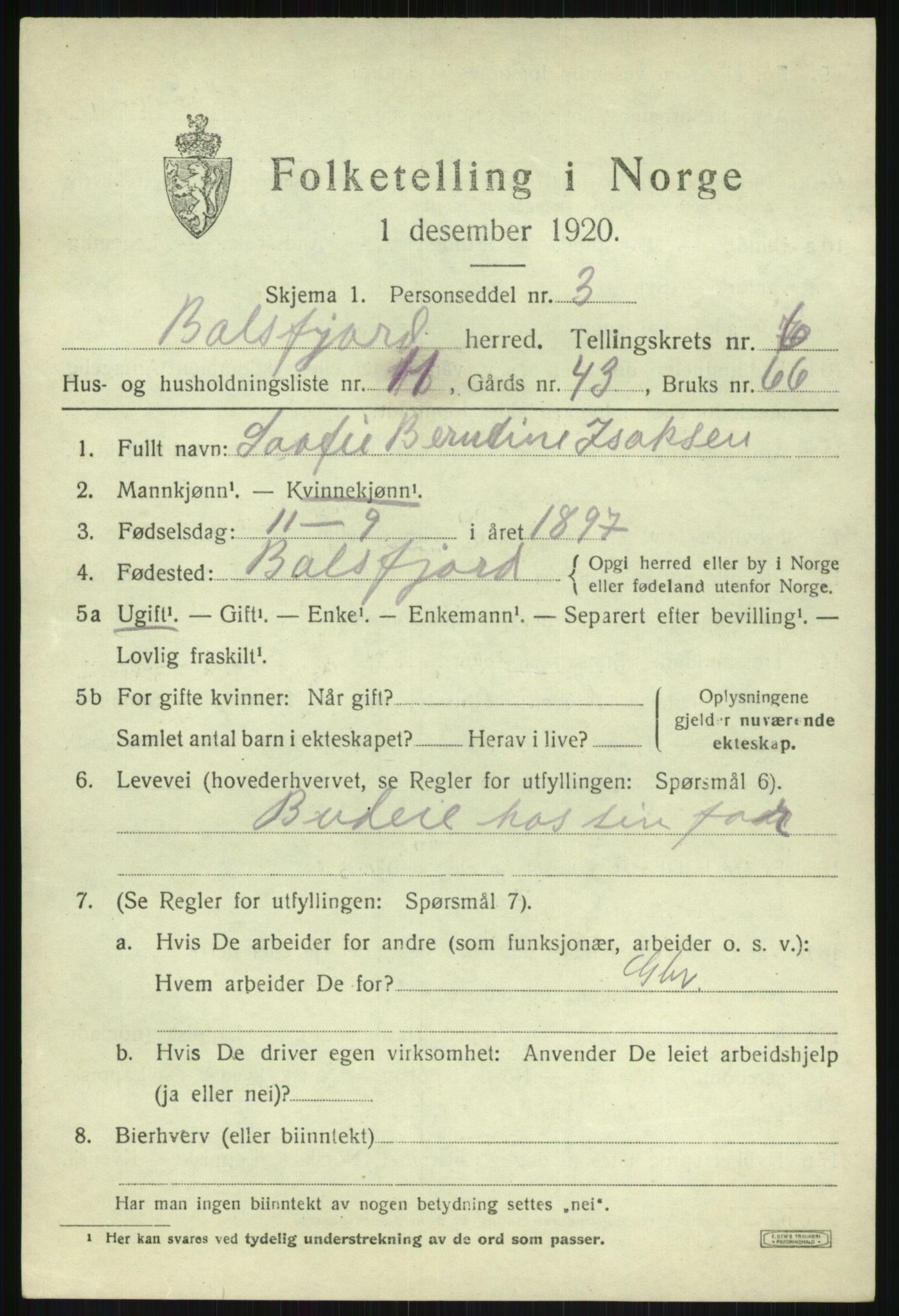 SATØ, Folketelling 1920 for 1933 Balsfjord herred, 1920, s. 3848