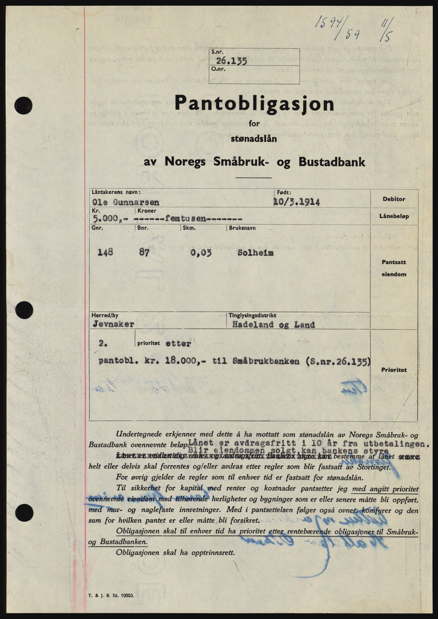 Hadeland og Land tingrett, SAH/TING-010/H/Hb/Hbc/L0040: Pantebok nr. B40, 1959-1959, Dagboknr: 1594/1959