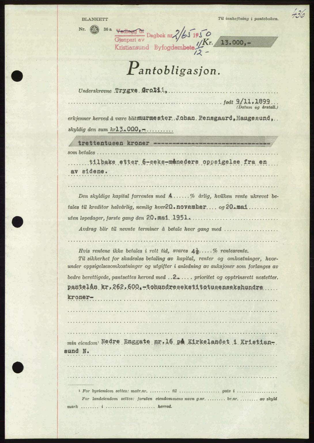 Kristiansund byfogd, SAT/A-4587/A/27: Pantebok nr. 50, 1950-1950, Dagboknr: 2165/1950