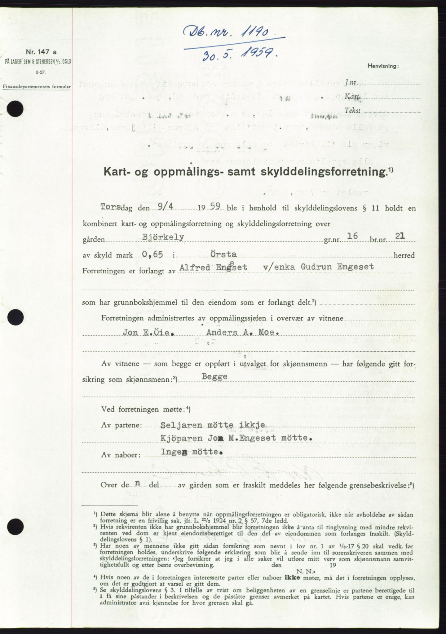 Søre Sunnmøre sorenskriveri, SAT/A-4122/1/2/2C/L0112: Pantebok nr. 38A, 1959-1959, Dagboknr: 1190/1959