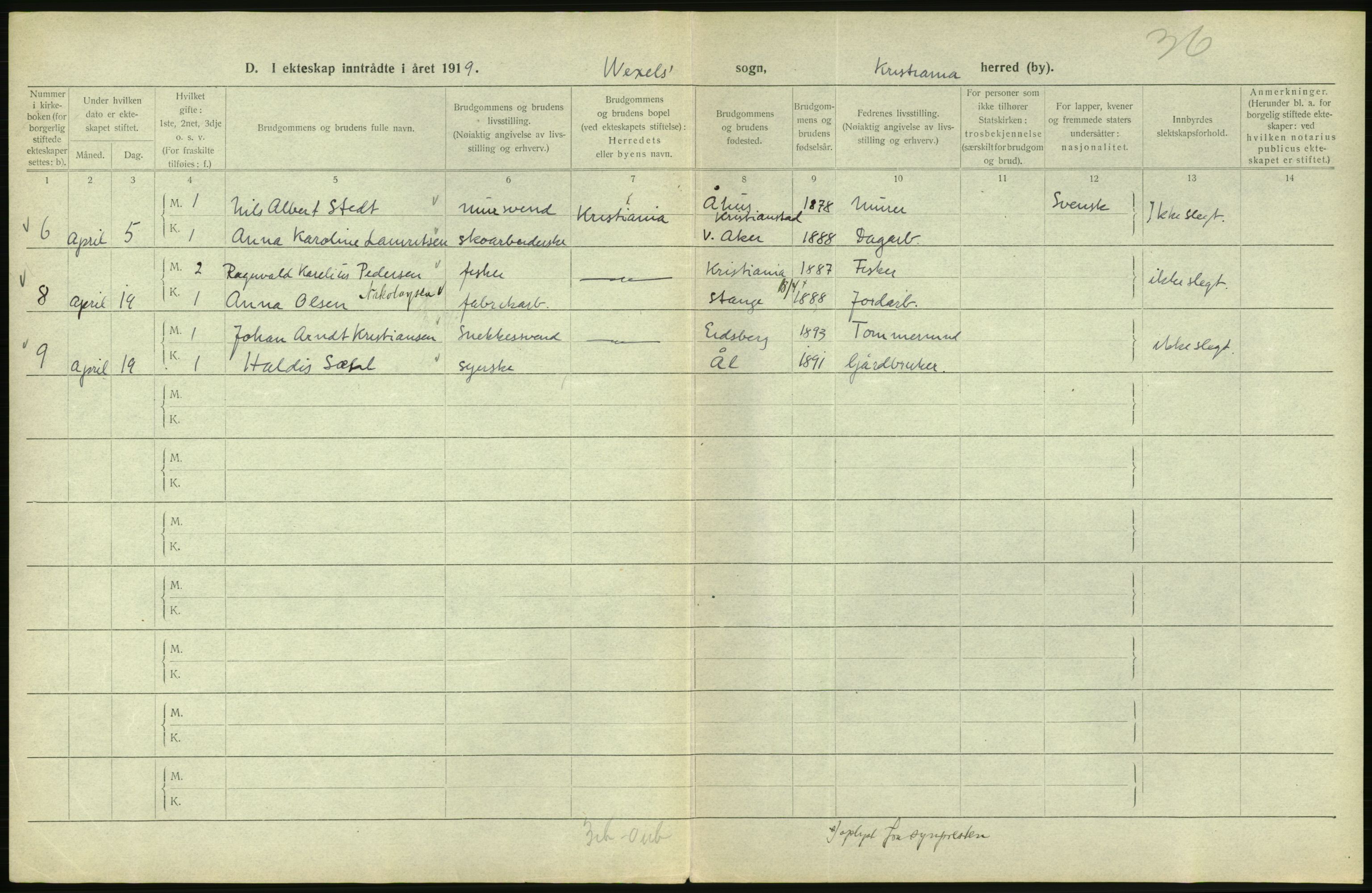 Statistisk sentralbyrå, Sosiodemografiske emner, Befolkning, AV/RA-S-2228/D/Df/Dfb/Dfbi/L0009: Kristiania: Gifte, 1919, s. 662