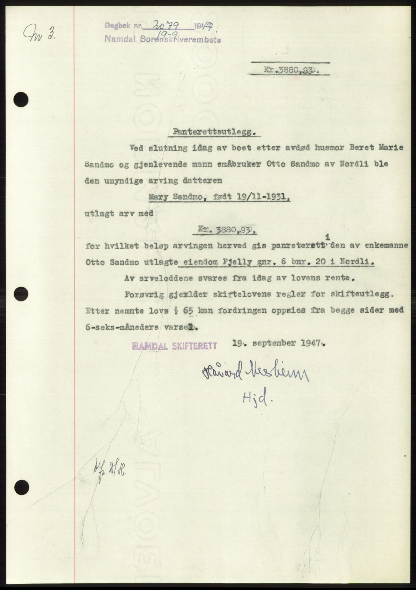 Namdal sorenskriveri, SAT/A-4133/1/2/2C: Pantebok nr. -, 1947-1947, Dagboknr: 2079/1947