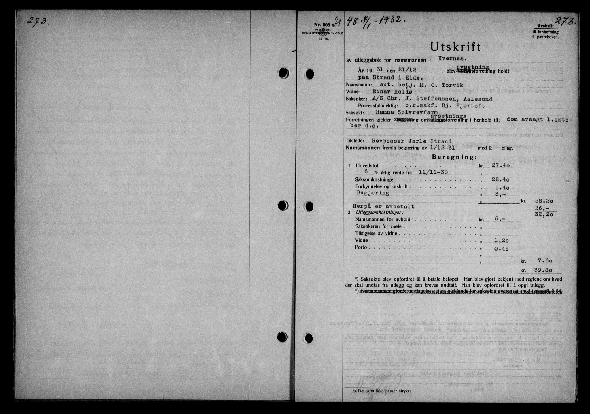 Nordmøre sorenskriveri, AV/SAT-A-4132/1/2/2Ca: Pantebok nr. 64, 1931-1932, Tingl.dato: 04.01.1932