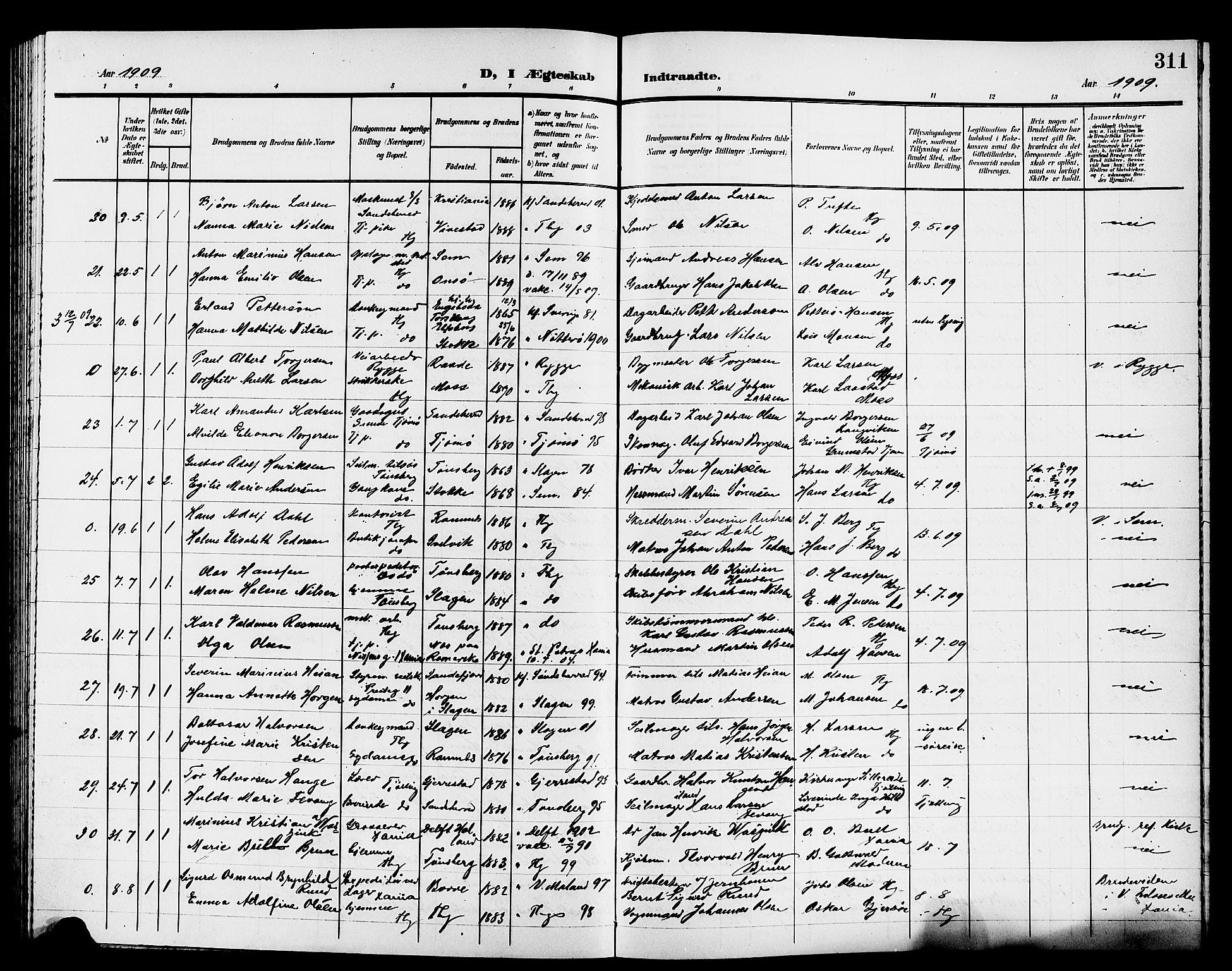 Tønsberg kirkebøker, AV/SAKO-A-330/G/Ga/L0008: Klokkerbok nr. 8, 1905-1912, s. 311