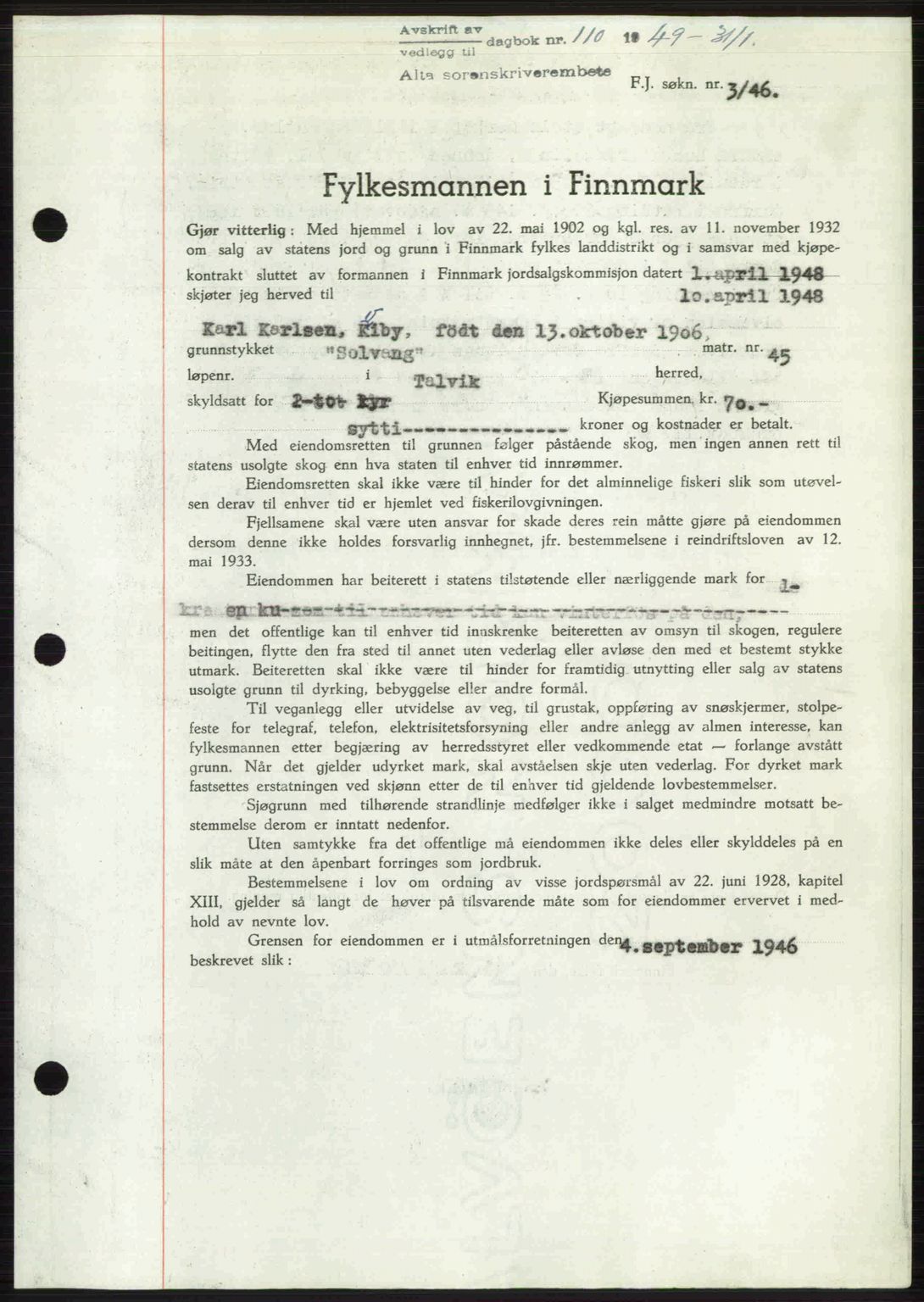 Alta fogderi/sorenskriveri, SATØ/SATØ-5/1/K/Kd/L0037pantebok: Pantebok nr. 39-40, 1948-1949, Dagboknr: 110/1949