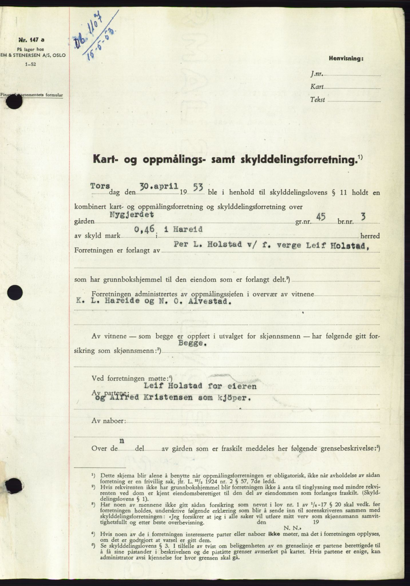 Søre Sunnmøre sorenskriveri, SAT/A-4122/1/2/2C/L0094: Pantebok nr. 20A, 1953-1953, Dagboknr: 1107/1953