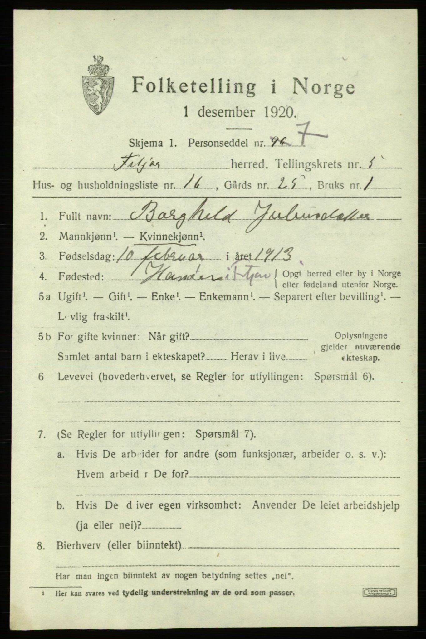 SAB, Folketelling 1920 for 1222 Fitjar herred, 1920, s. 2710