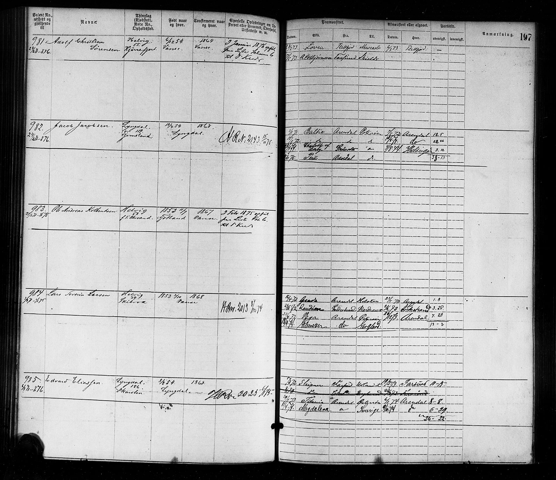 Farsund mønstringskrets, AV/SAK-2031-0017/F/Fa/L0001: Annotasjonsrulle nr 1-1920 med register, M-1, 1869-1877, s. 226