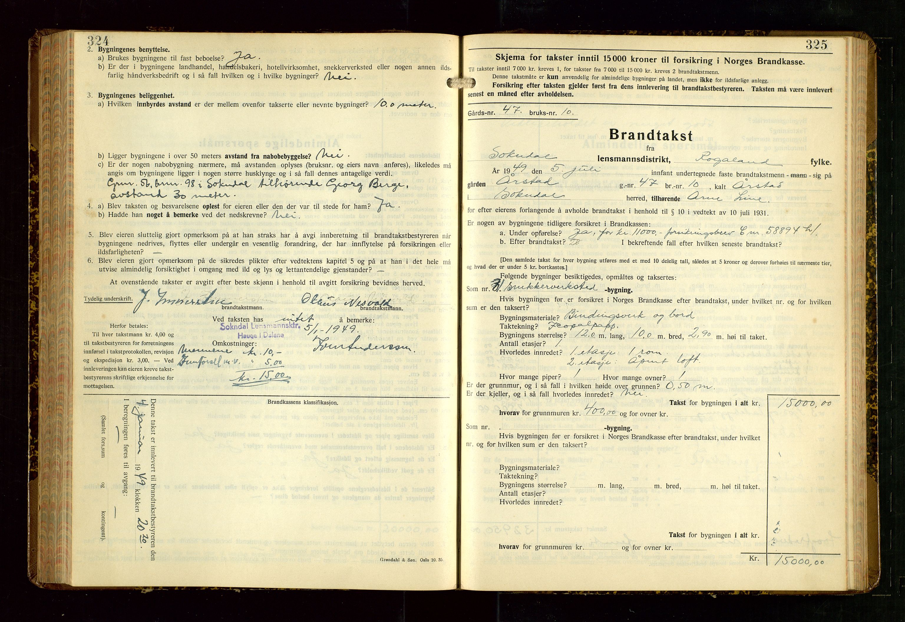 Sokndal lensmannskontor, AV/SAST-A-100417/Gob/L0008: "Brandtakst-Protokoll", 1937-1955, s. 324-325