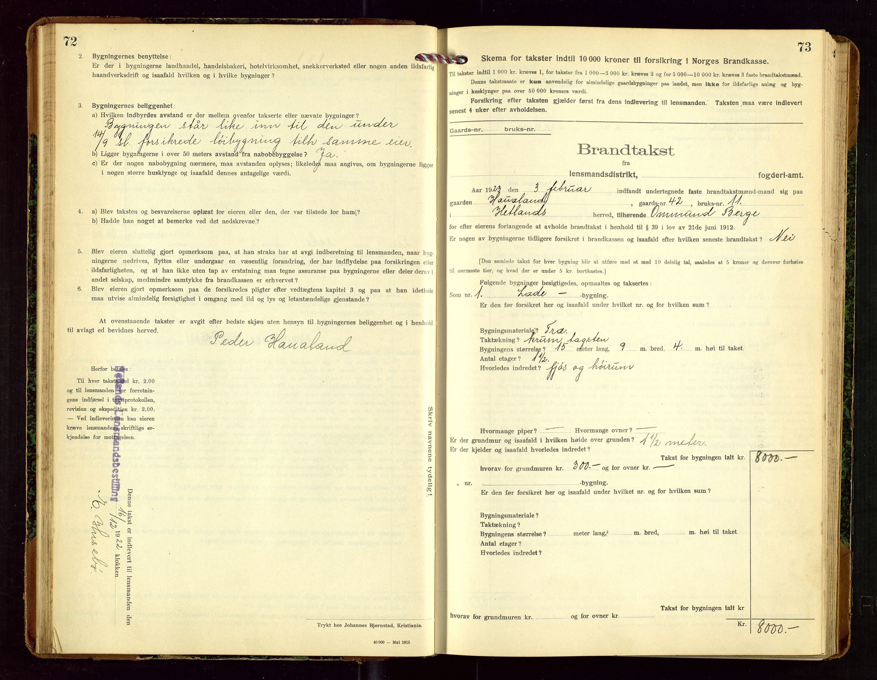 Hetland lensmannskontor, SAST/A-100101/Gob/L0002: "Brandtakstprotokol", 1918-1932, s. 72-73