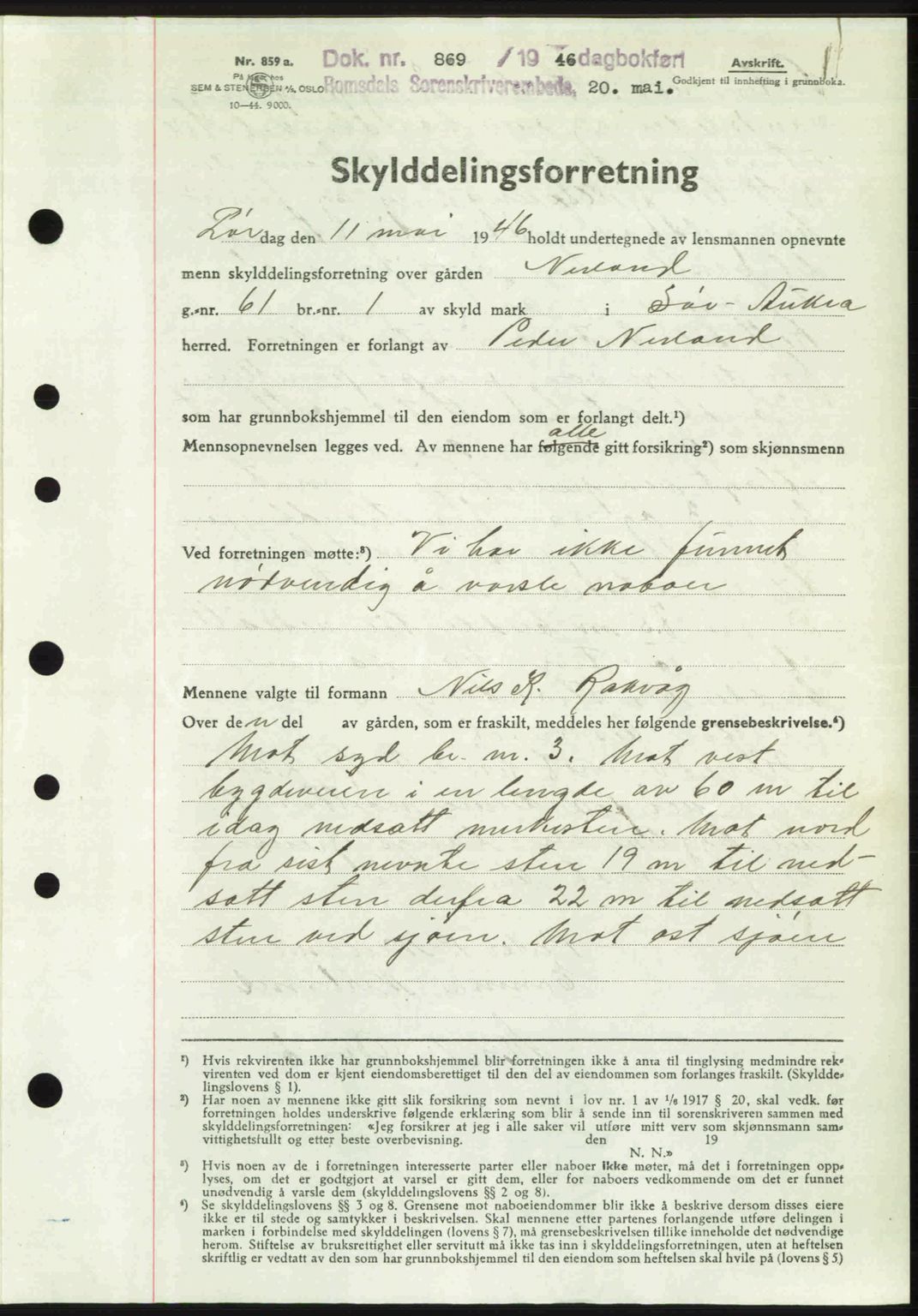 Romsdal sorenskriveri, SAT/A-4149/1/2/2C: Pantebok nr. A19, 1946-1946, Dagboknr: 869/1946