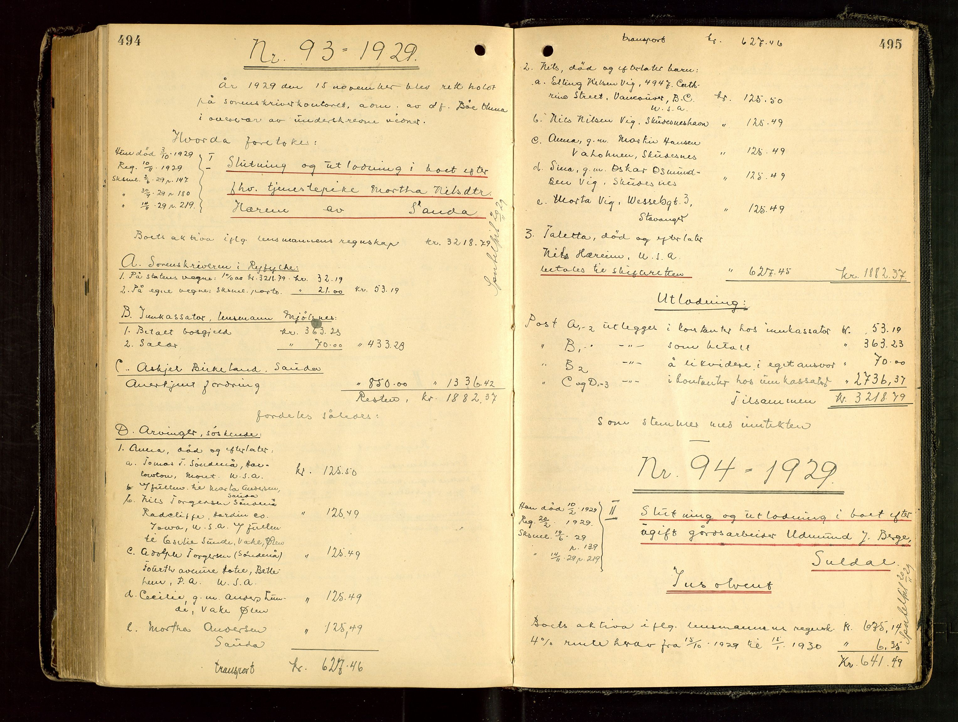 Ryfylke tingrett, AV/SAST-A-100055/001/IV/IVG/L0006: Skifteutlodningsprotokoll Med register, 1924-1929, s. 494-495