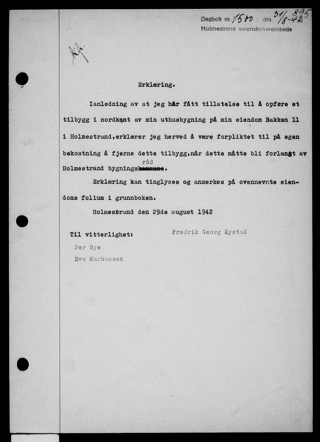 Holmestrand sorenskriveri, SAKO/A-67/G/Ga/Gaa/L0055: Pantebok nr. A-55, 1942-1942, Dagboknr: 1500/1942